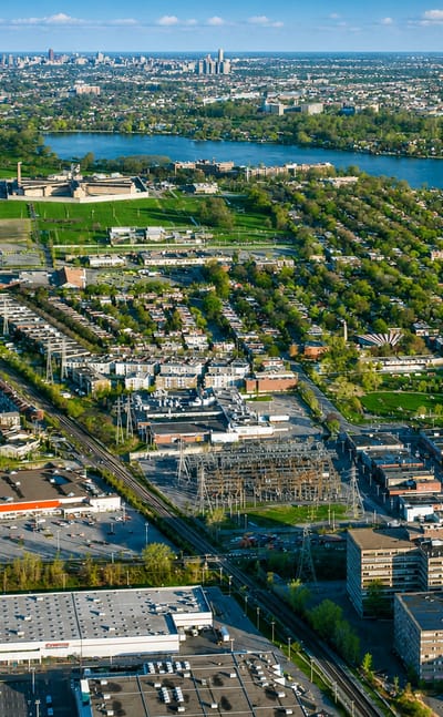 Aerial view over Ahuntsic-Cartierville's residential streets in Montreal, with the Riviere des Prairies and the distant downtown skyline.