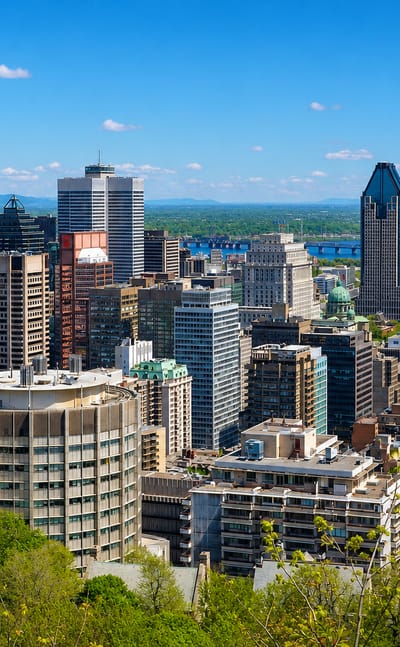 Downtown Montréal high-rise skyline viewed from Mount Royal with the St. Lawrence River behind under a clear sky.