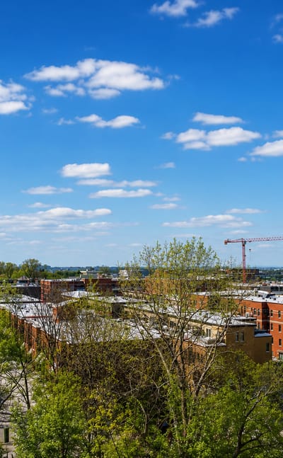 Leafy residential streets with brick low-rise apartment blocks and a construction crane in Outremont, Montreal
