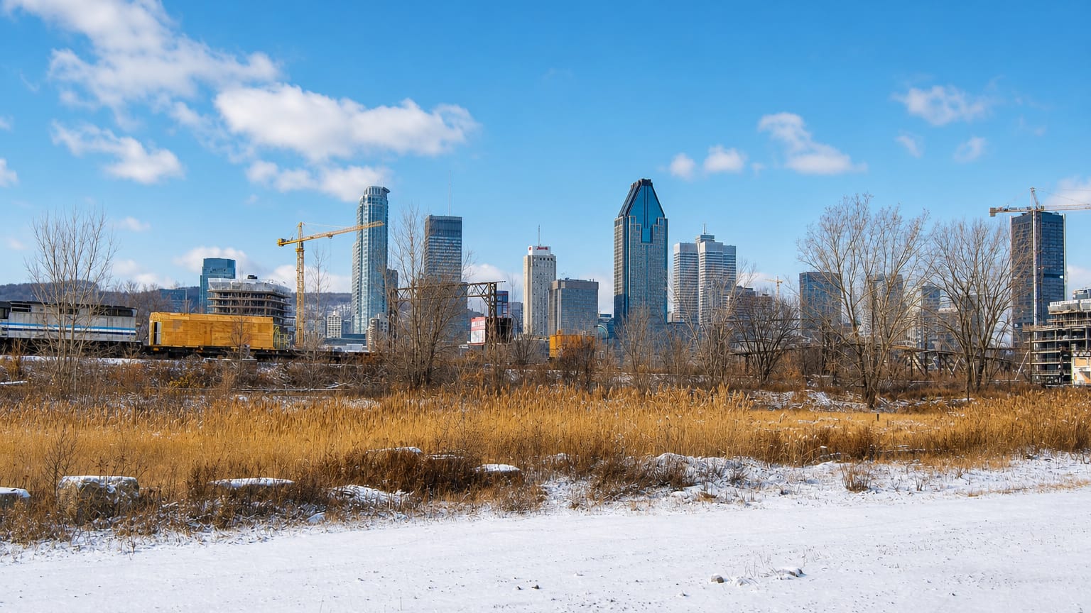 Montreal's downtown skyline seen across the snow-covered open land of Pointe-Saint-Charles with rail cars.