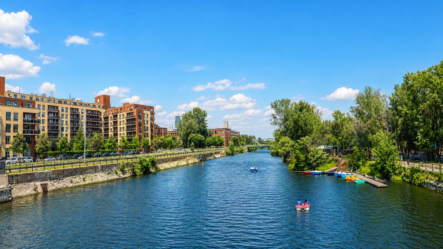 The Lachine Canal in Saint-Henri, Montreal, lined with brick residential buildings and pedal boats on the water.
