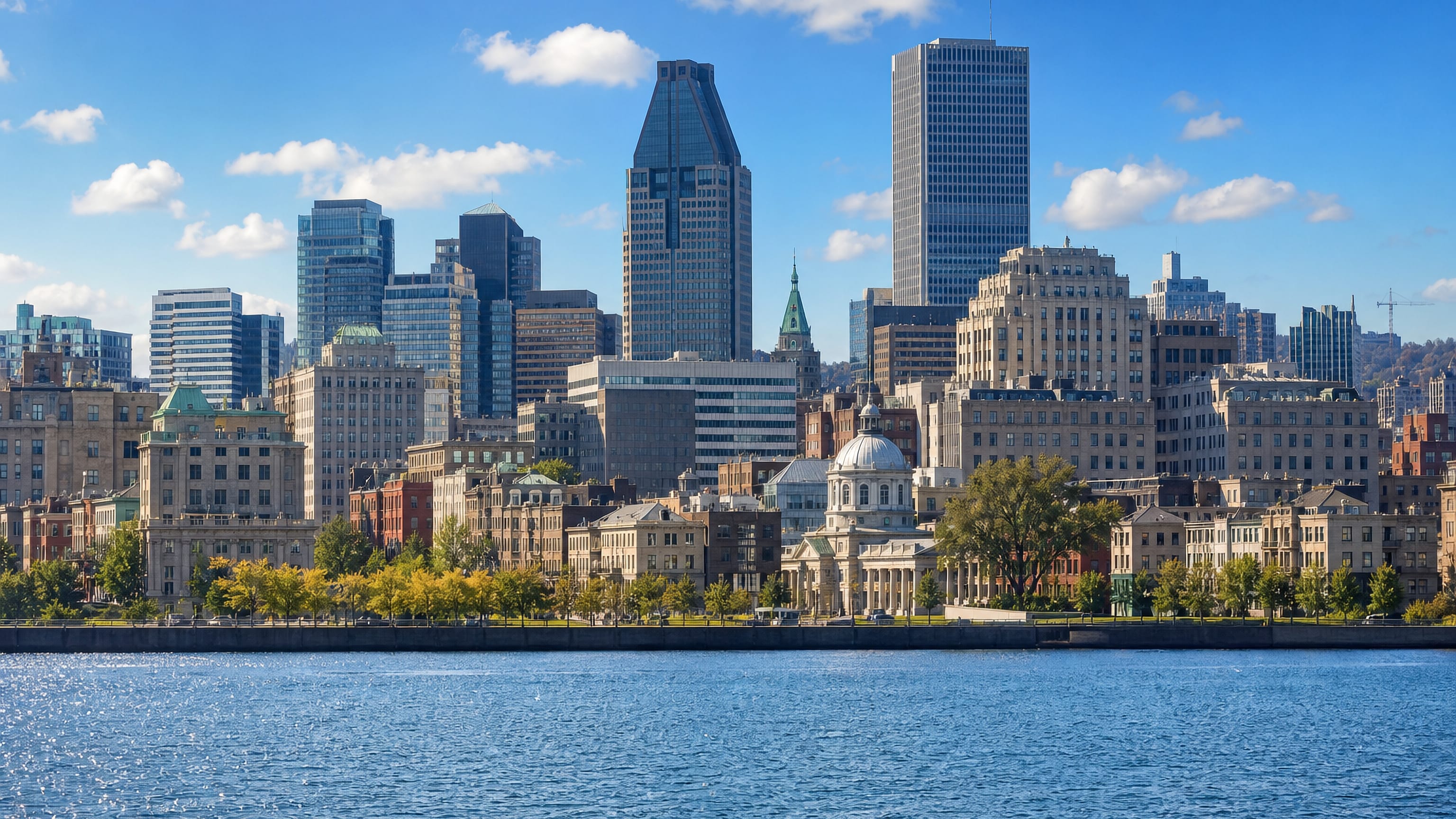 Downtown Montreal skyline across the St. Lawrence River, the city surrounding the Snowdon district.