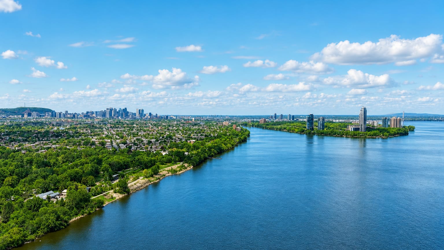 The St. Lawrence River with green wooded banks and the distant Montreal skyline seen from Verdun