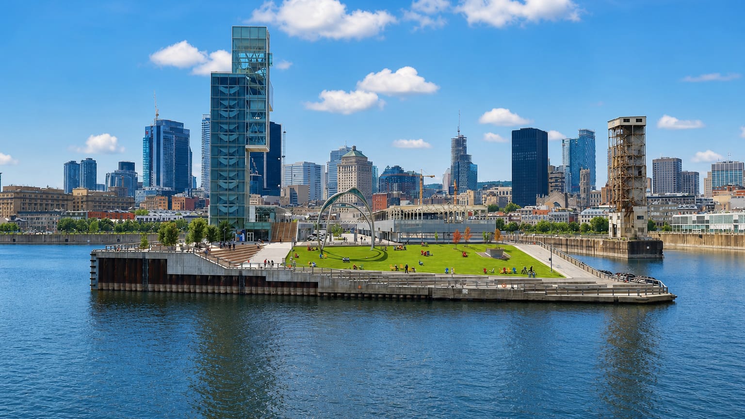 Old Montreal's Old Port waterfront with a grassy pier and the downtown skyline rising behind the river.