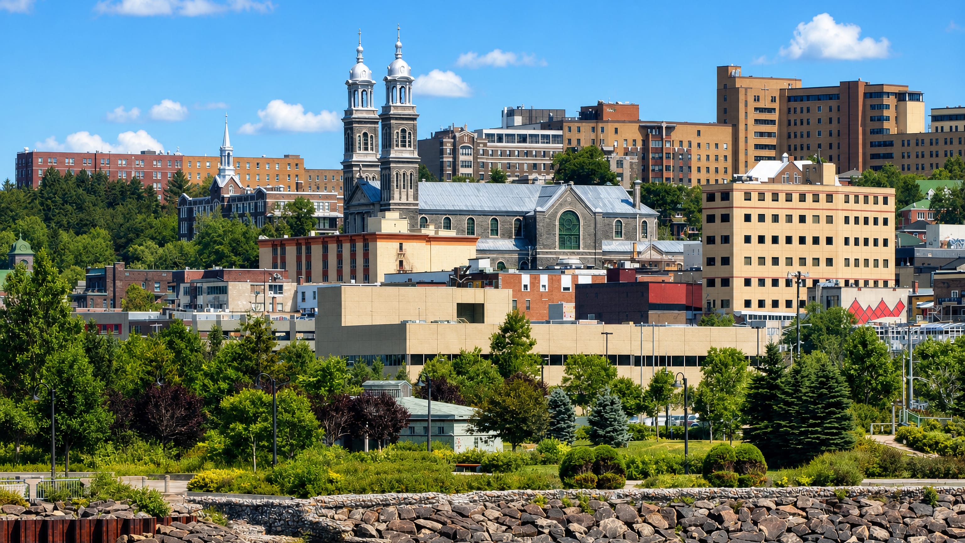 Chicoutimi, Quebec, above the Saguenay: the twin silver spires of its cathedral over downtown blocks and treed banks.