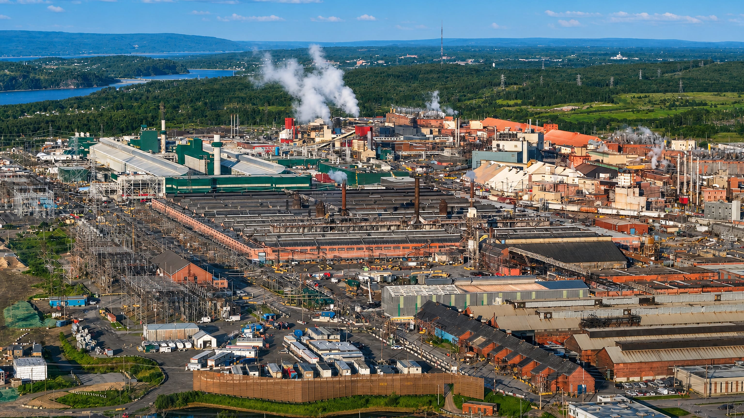 Aerial view of a riverside aluminium and pulp industrial complex at Saguenay, Quebec, with the river valley beyond.