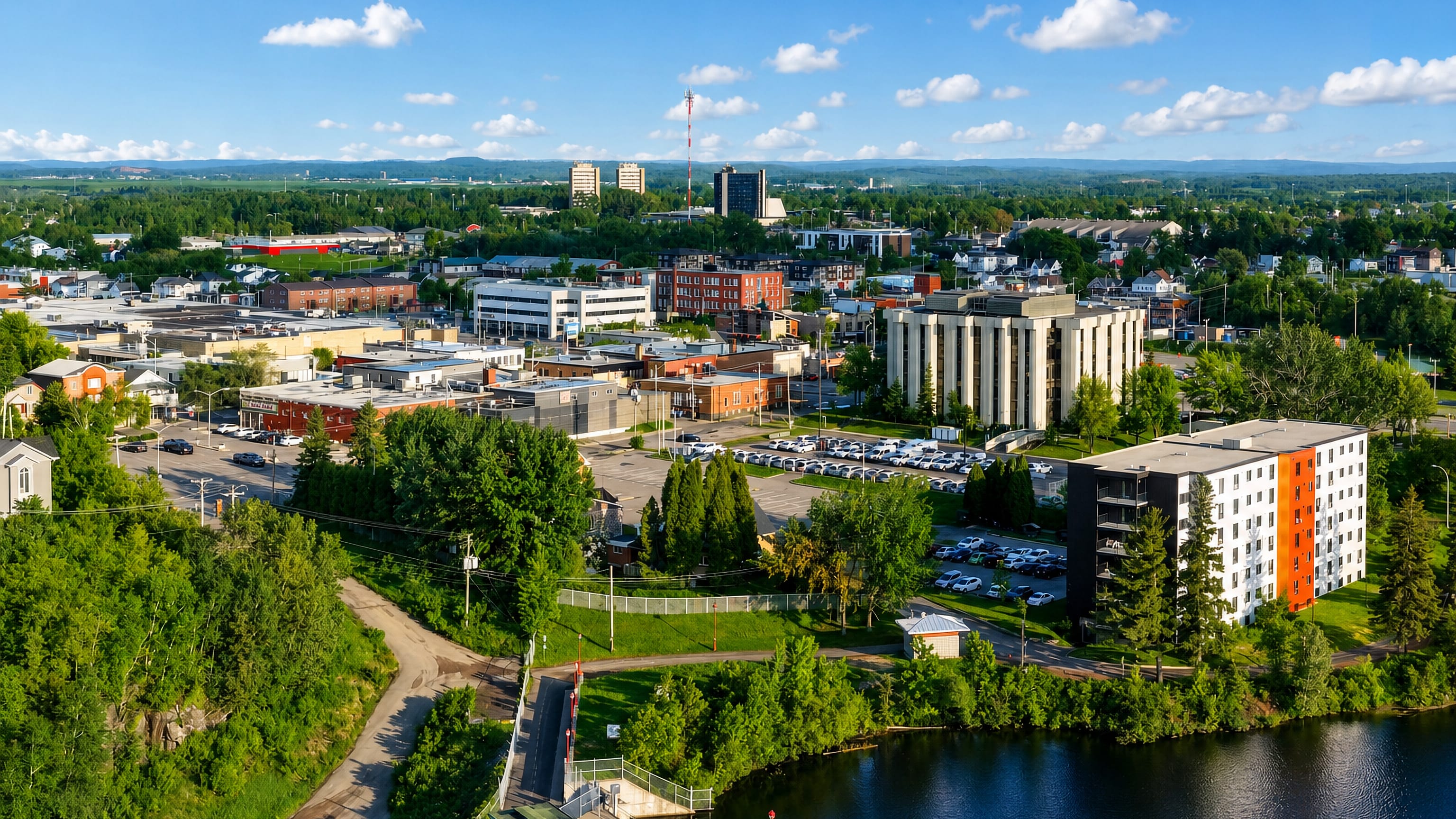 Downtown Jonquière, Quebec, from the air along the Rivière aux Sables, with low-rise blocks and forested hills.