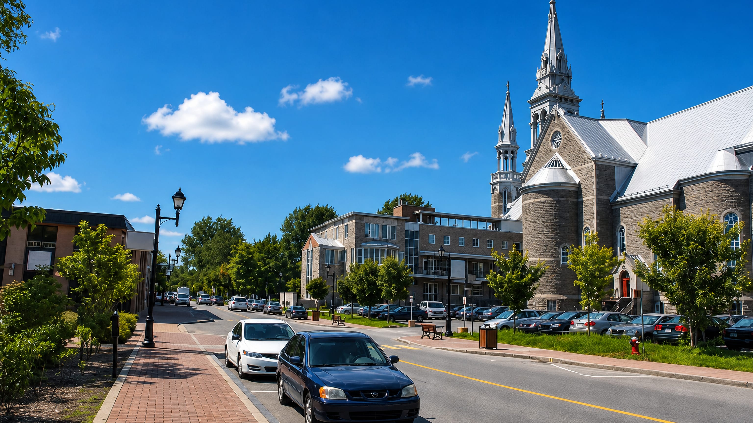 Stone church with a tall spire above a downtown street of Saint-Jerome, Quebec, on a clear summer day.