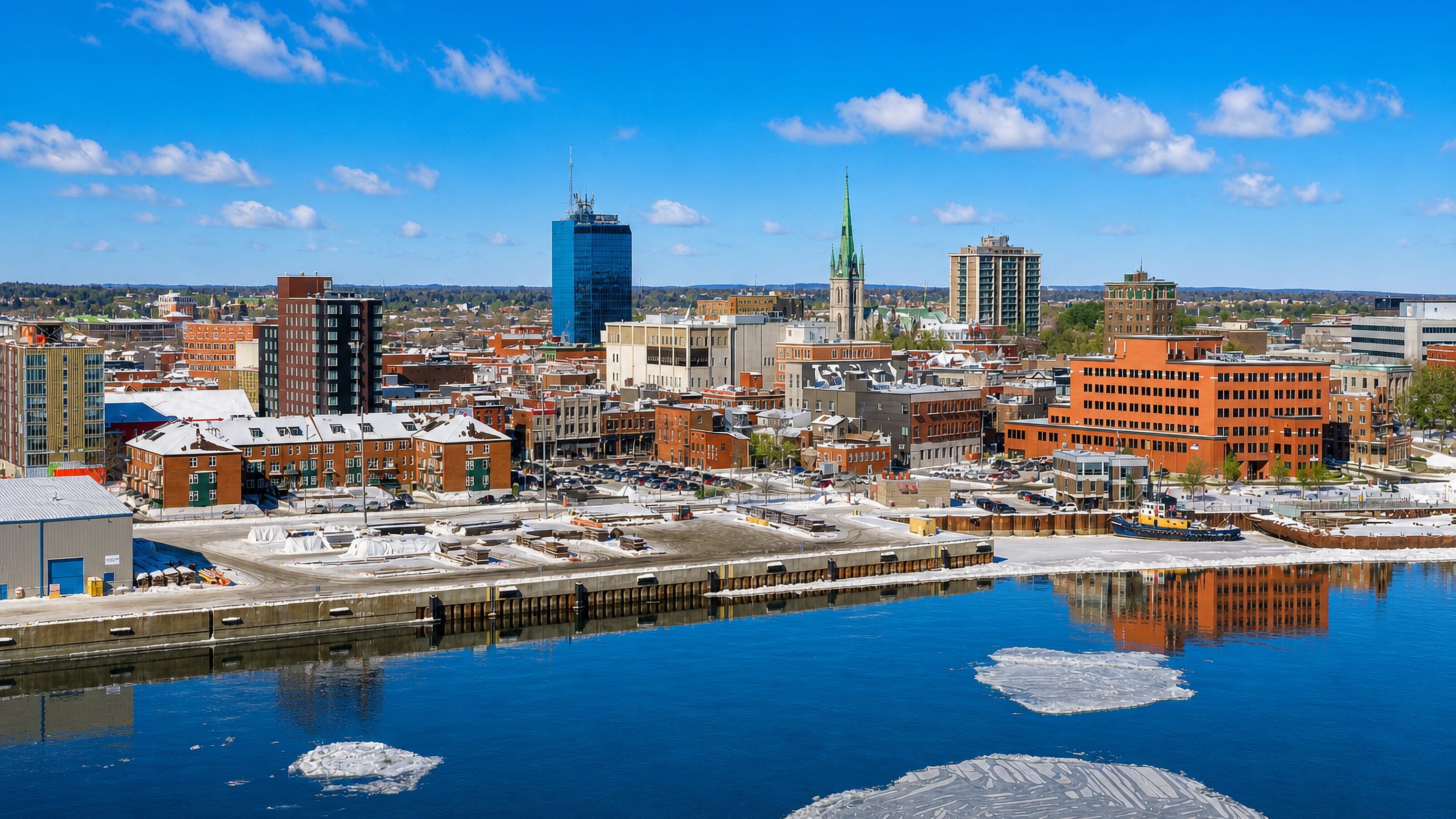 Trois-Rivieres, Quebec, its downtown spire and blue glass tower above brick blocks on the icy St. Lawrence.