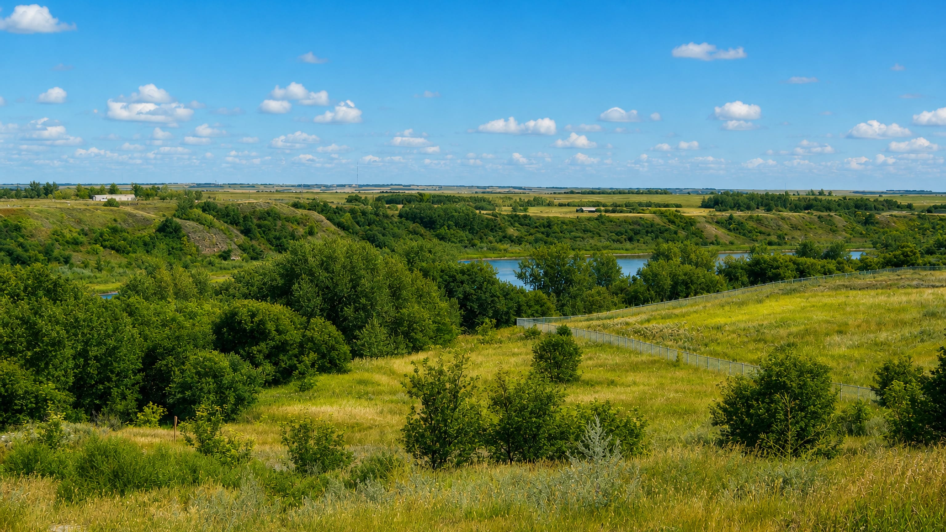 Prairie river valley, bluffs and grassland on the northern edge of Silverwood Heights, Saskatoon.