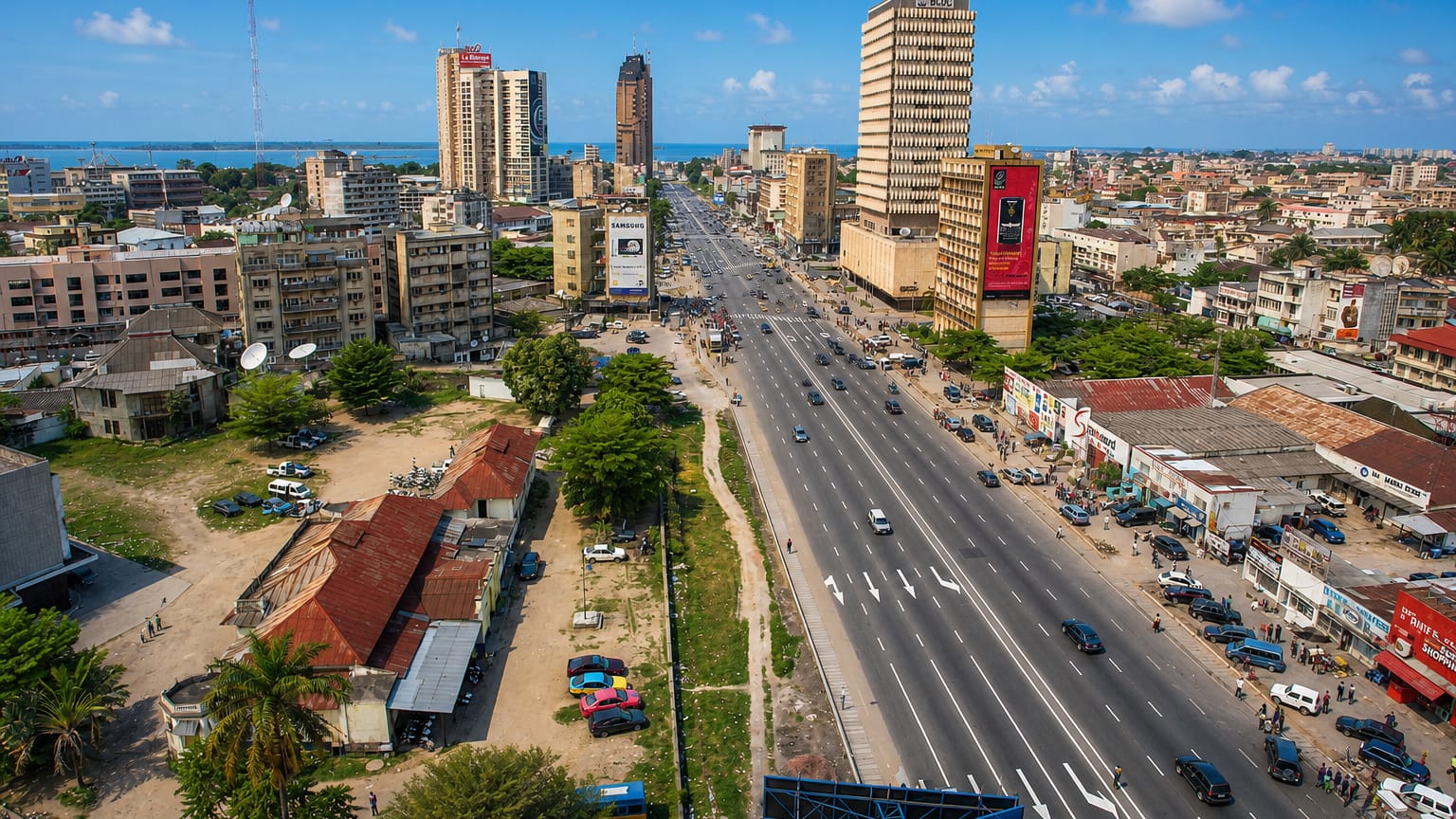 Boulevard du 30 Juin and the high-rise business district of Gombe, central Kinshasa, with the Congo River on the horizon.