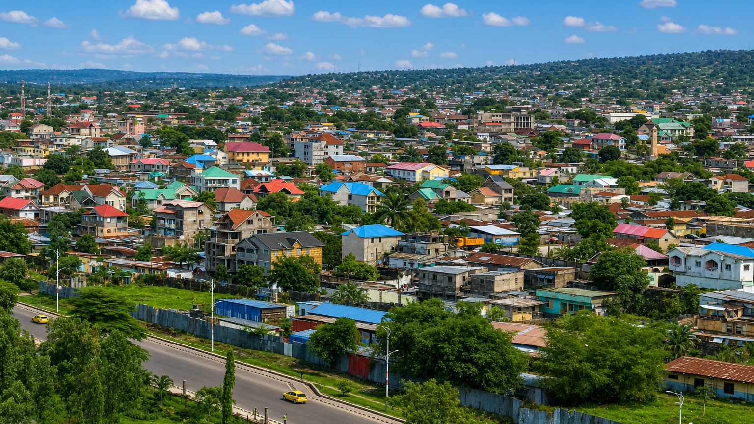 Aerial daytime view over the dense colorful-roofed residential neighborhoods of Lemba, Kinshasa, with green hills behind.