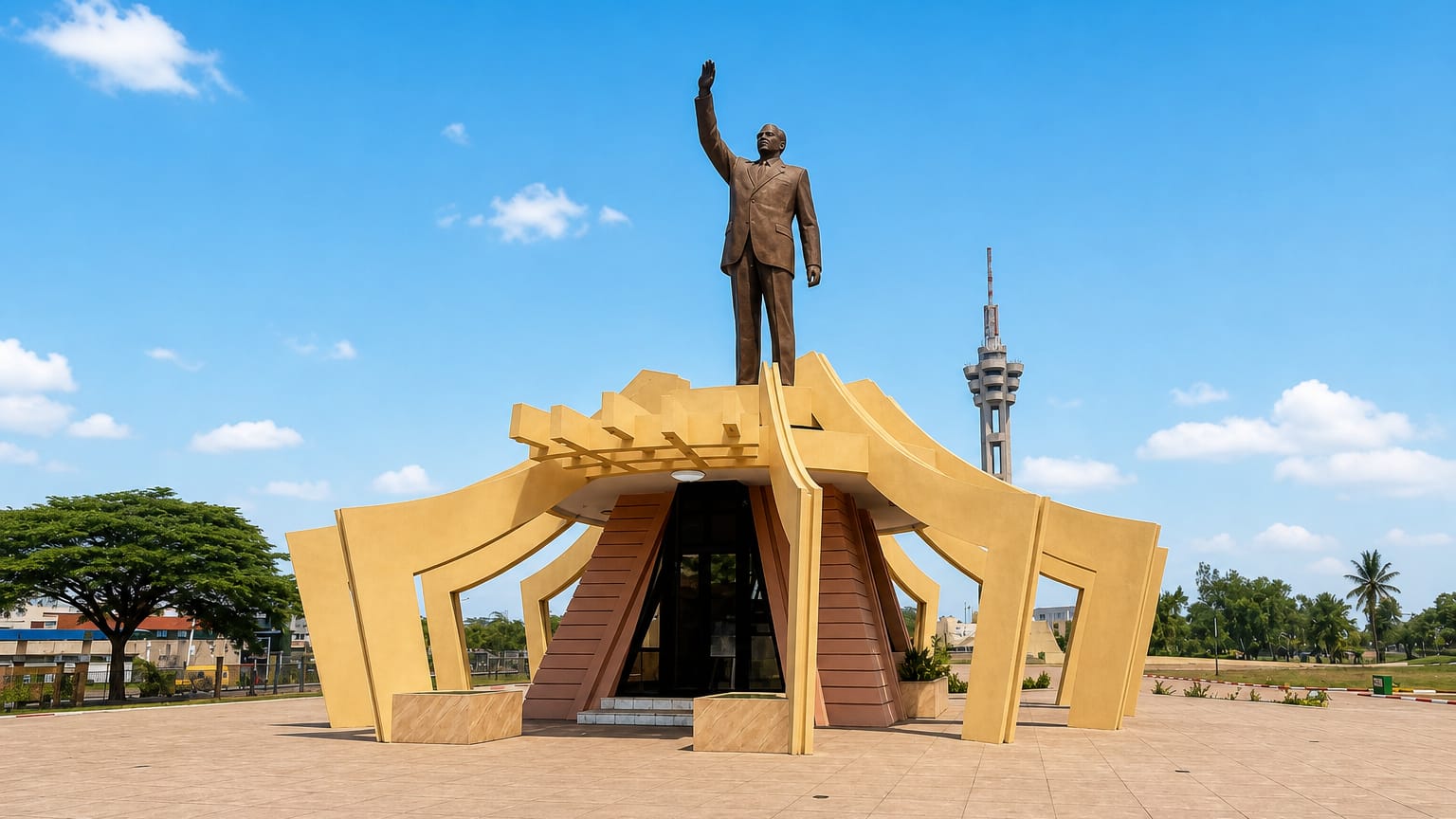 The golden Lumumba monument and the Limete telecommunications tower rising over a plaza in Limete, Kinshasa.