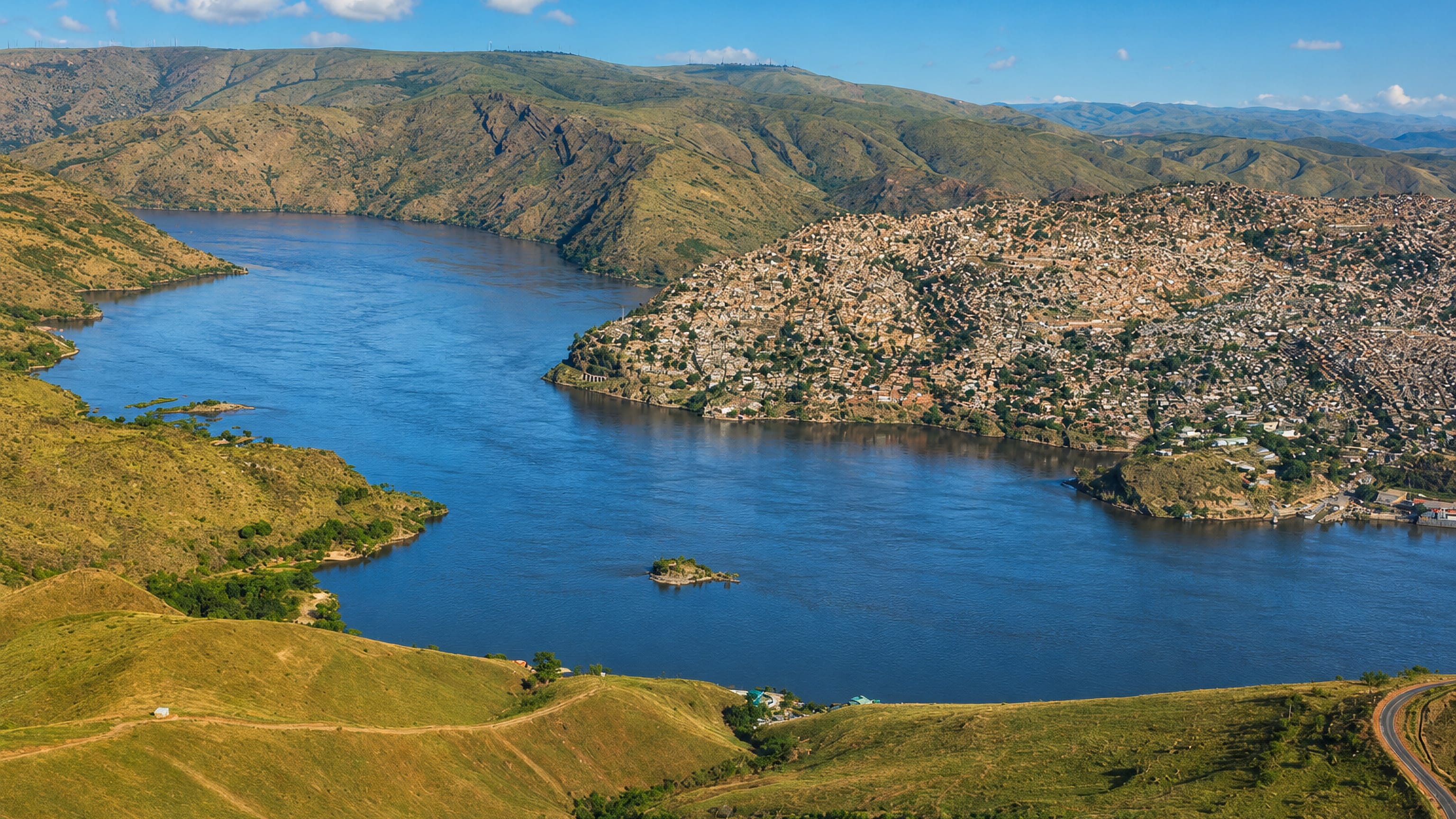 Matadi, DR Congo, climbing the hills above a broad bend of the Congo River.