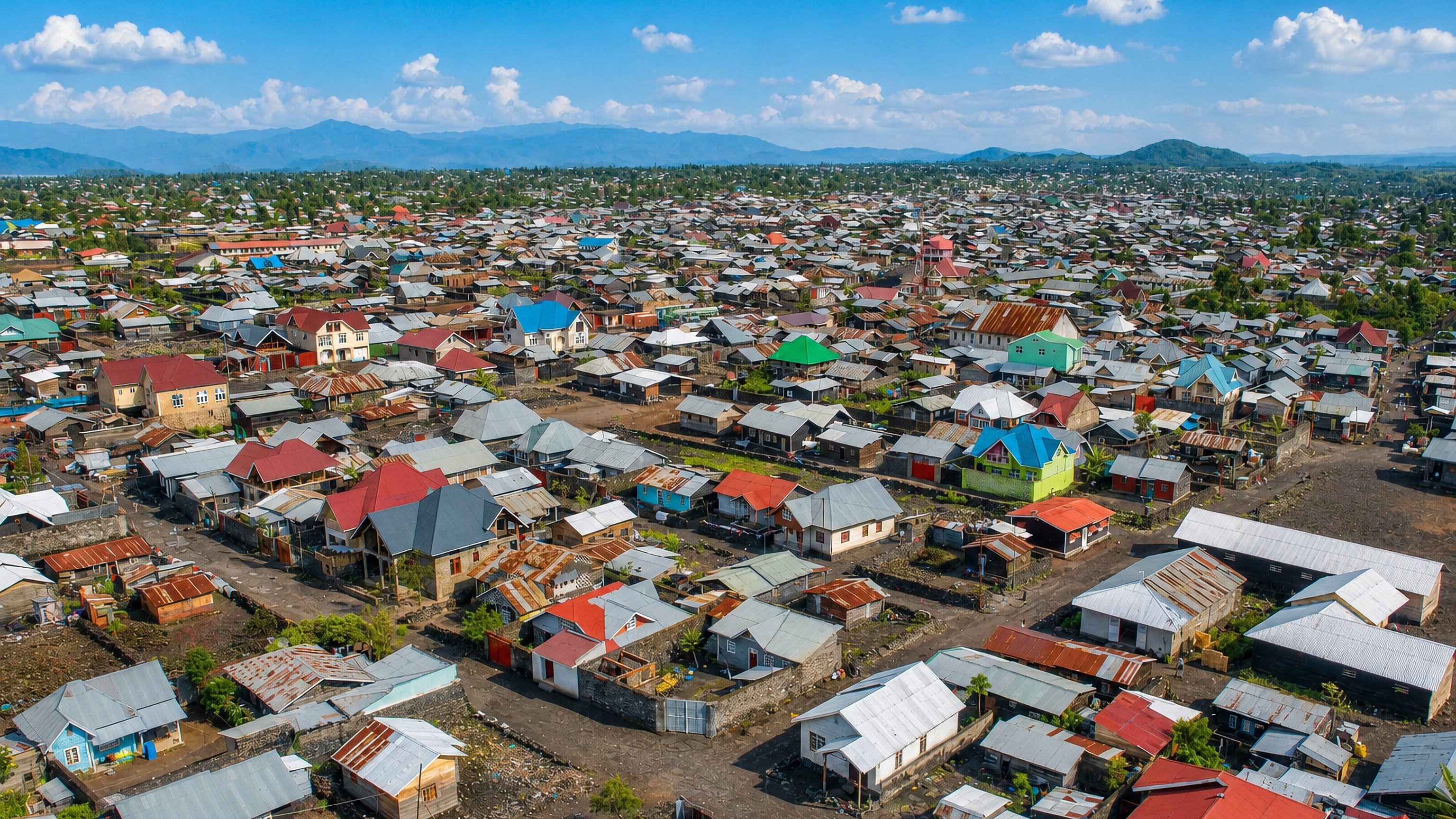 Aerial view over Goma's dense tin-roofed neighbourhoods on dark volcanic ground, with mountains on the horizon.
