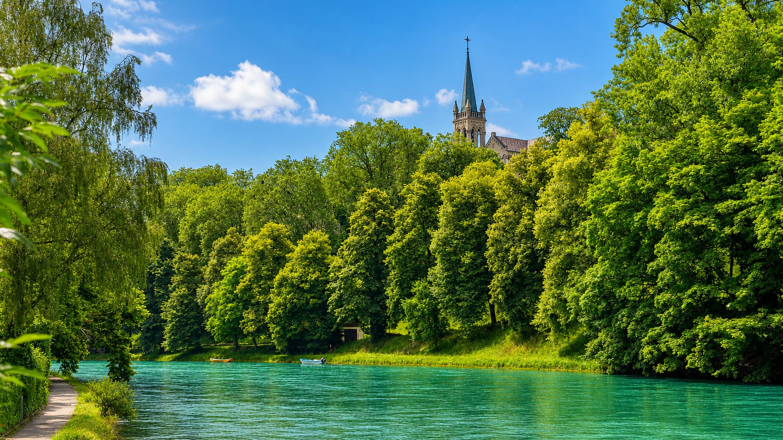 Turquoise Aare river curving past wooded banks below a church spire at Altenberg, Bern.