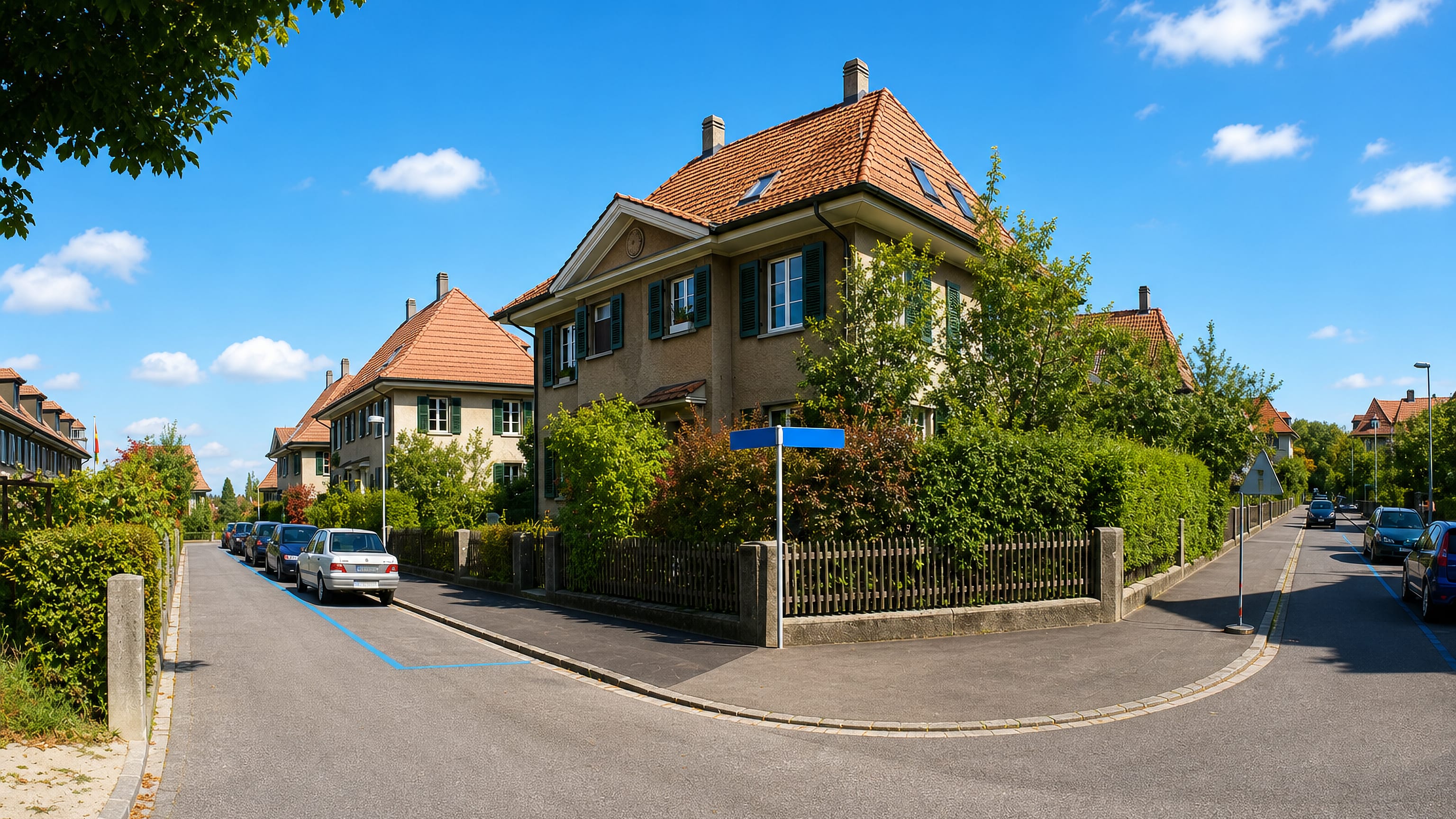 Tree-lined residential street of tile-roofed houses in Weissenstein, a southern quarter of Bern, Switzerland.