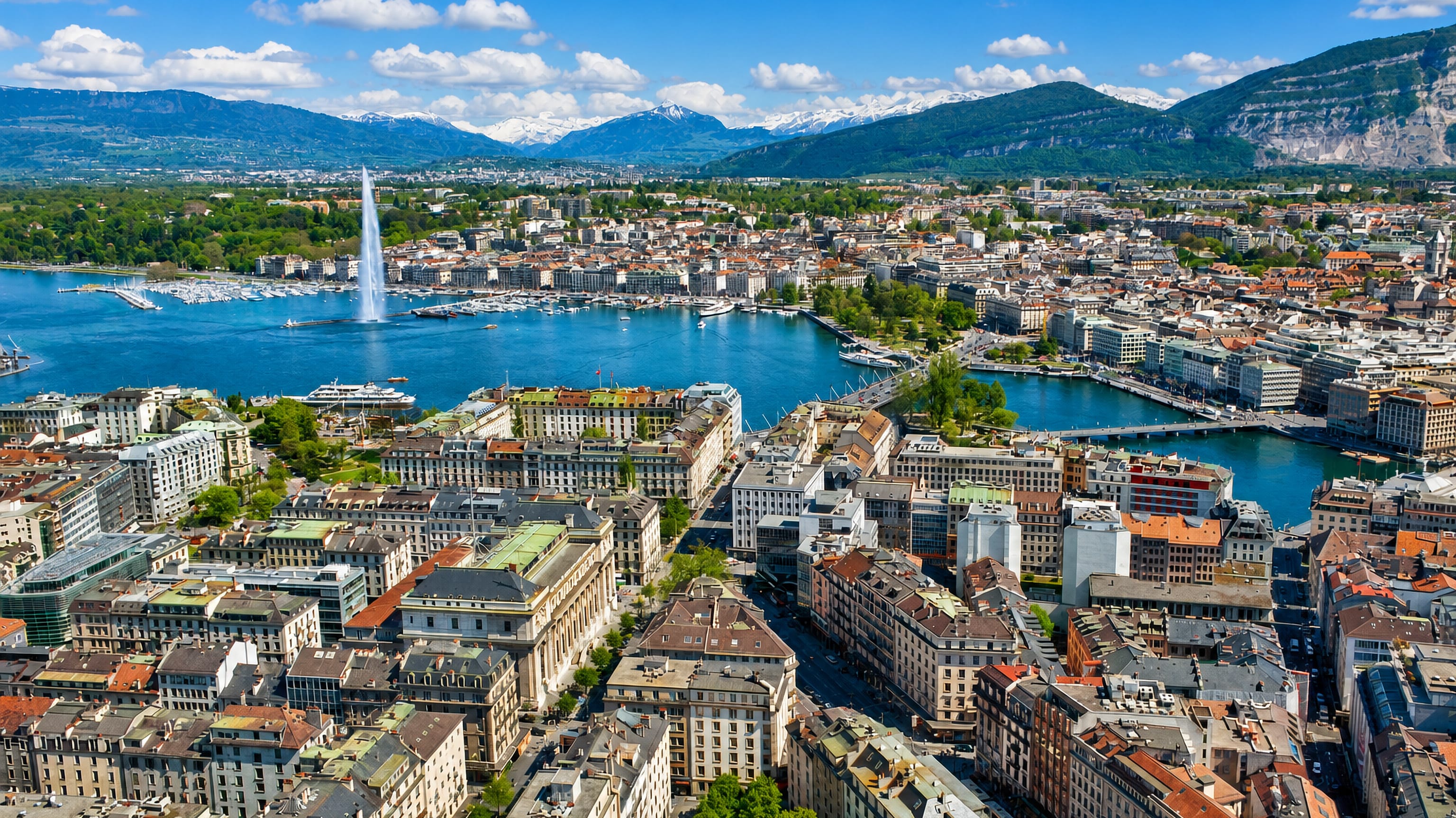 Geneva's harbour with the Jet d'Eau fountain on Lake Geneva and snow-capped Alps behind the old town