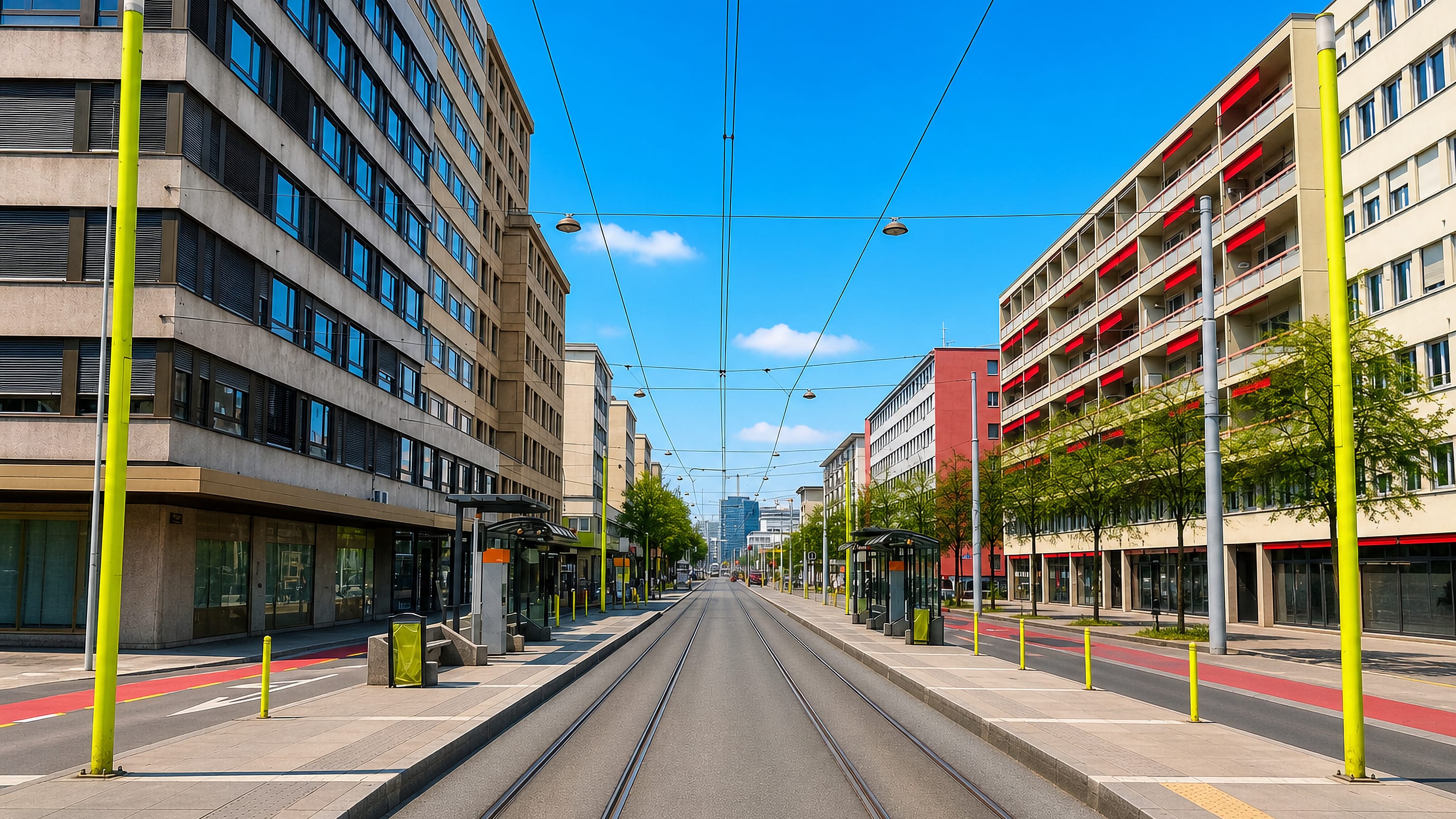 Tram tracks running between modernist office and apartment blocks in the Acacias district of Geneva.