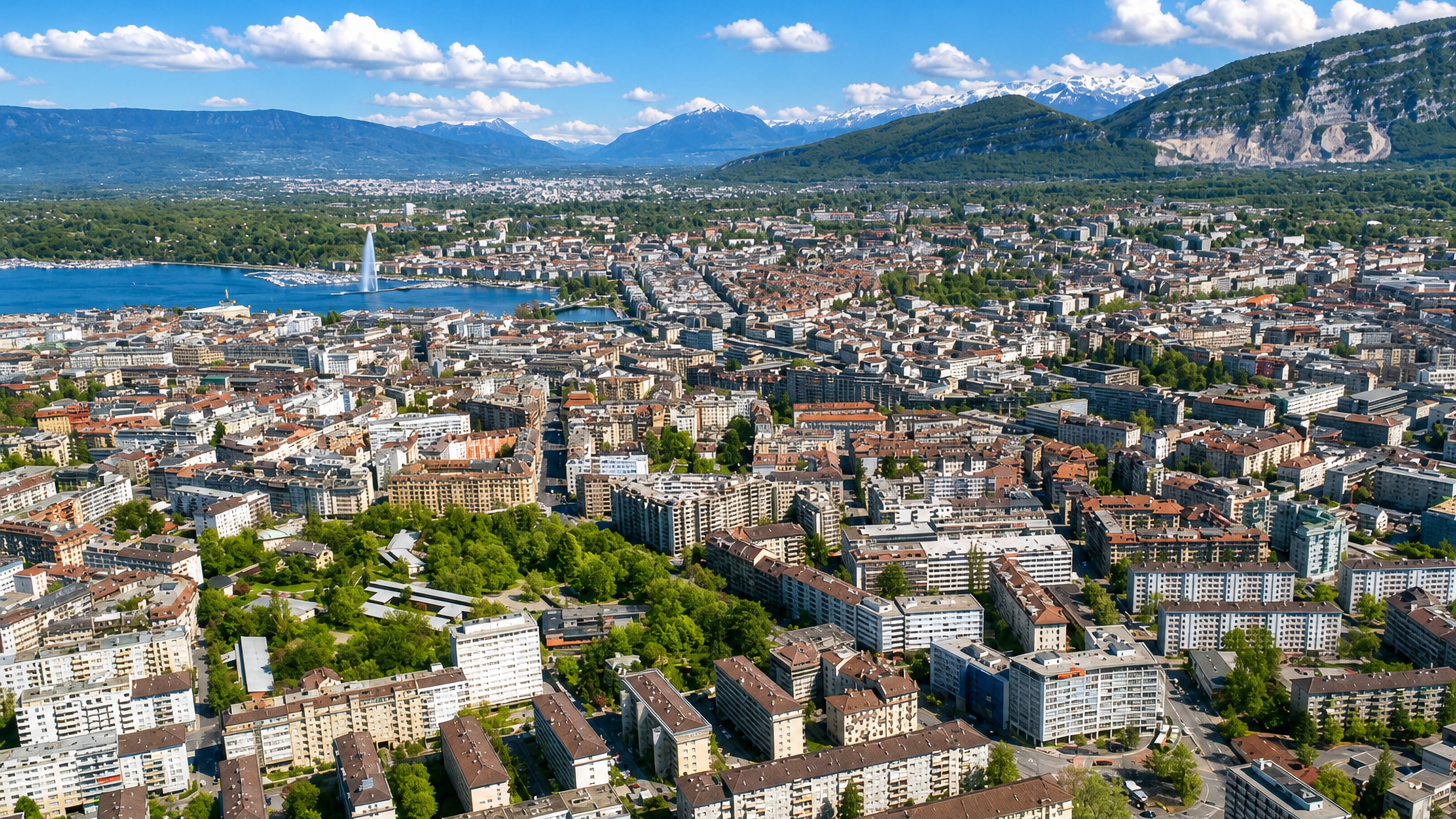 Aerial view over Servette's apartment blocks toward Lake Geneva, the Jet d'Eau and the Alps in Geneva