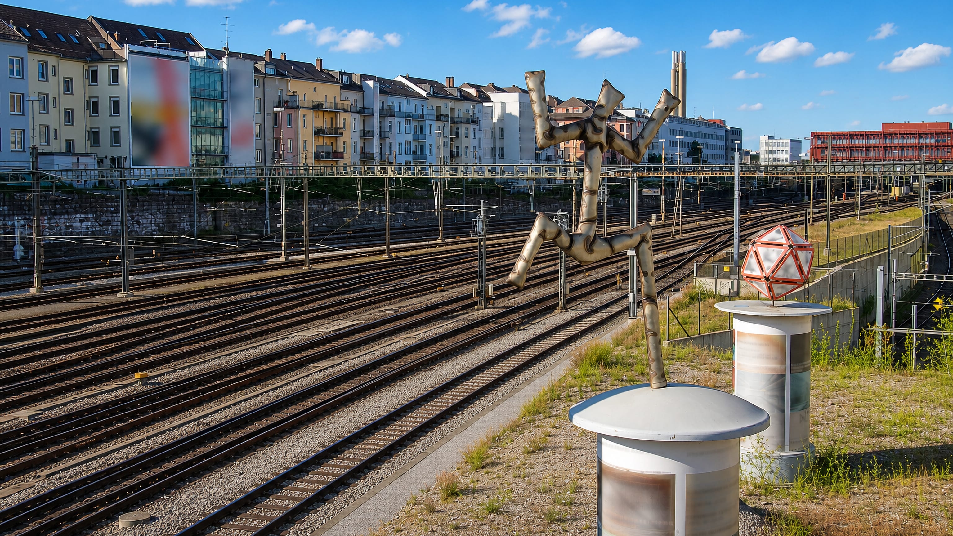 Rail tracks below the tenement rows of Gundeldingen, Basel, with a metal sculpture beside the station approach