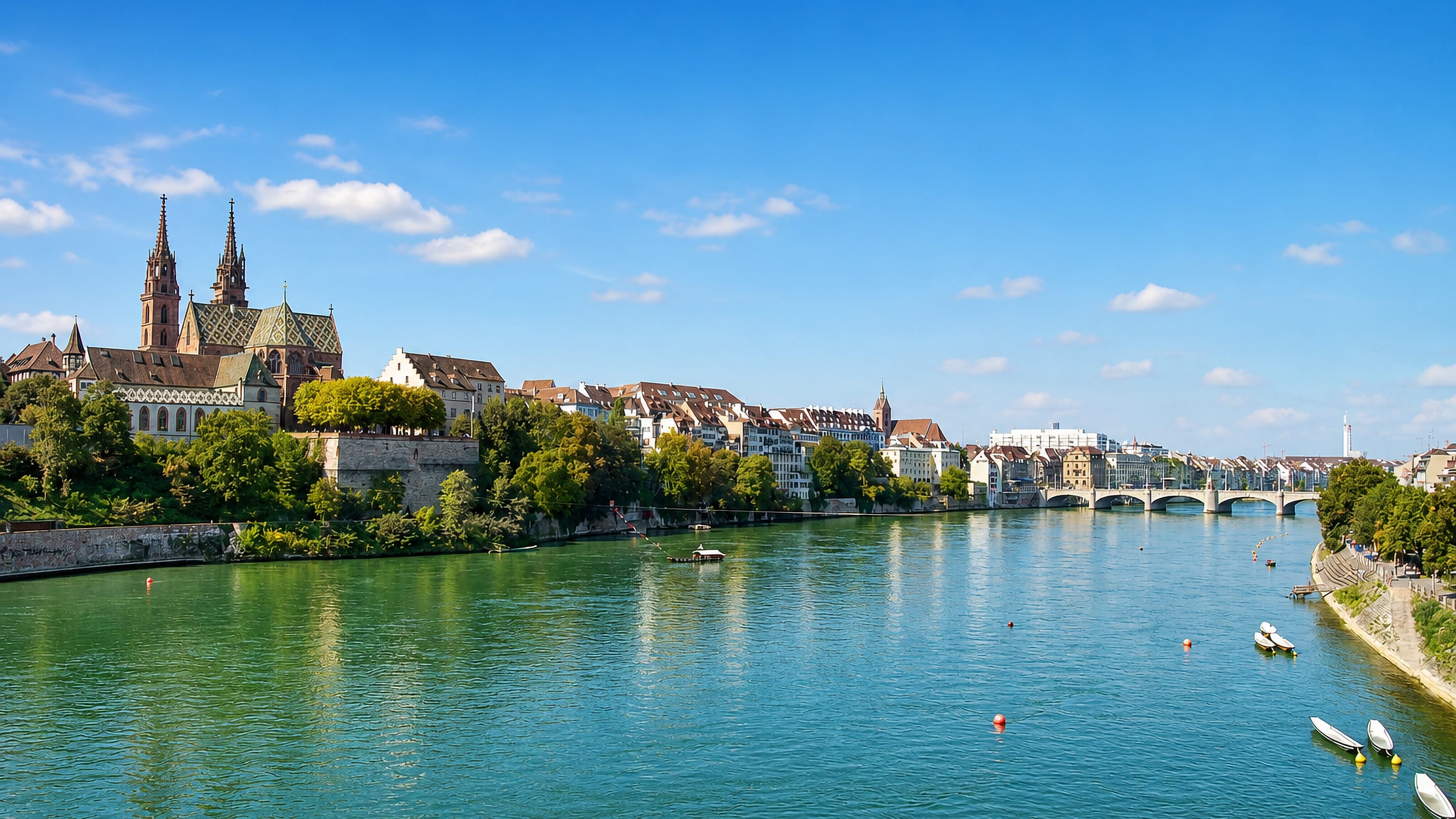 Basel's red sandstone Münster with its patterned tiled roof above the Rhine, the Mittlere Brücke downstream