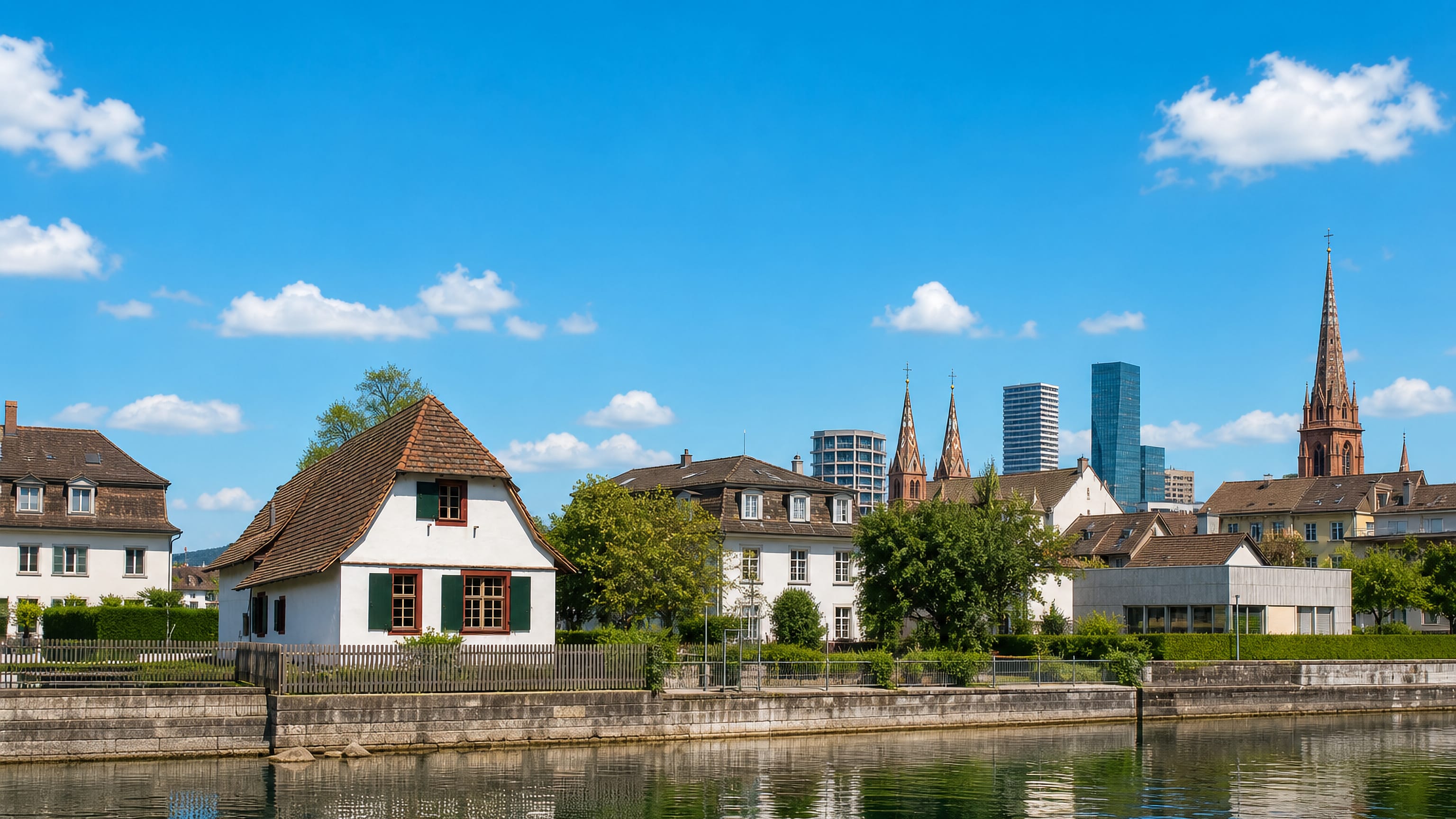 Rhine waterfront at Kleinhuningen, Basel, with an old tiled village house and the city's towers and spires beyond.
