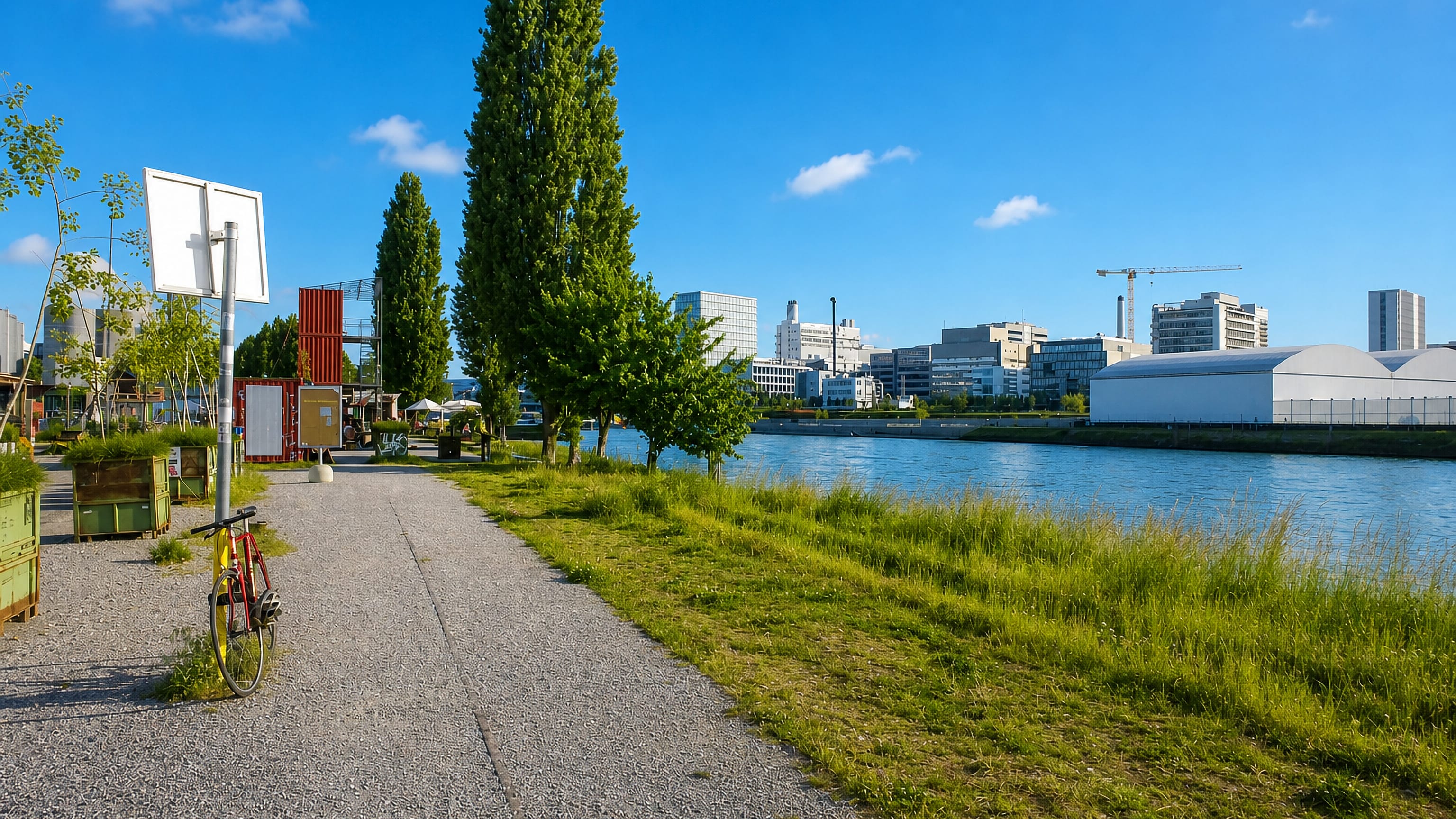 Rhine-side path at Klybeck, Basel, passing container bars toward the district's industrial waterfront.