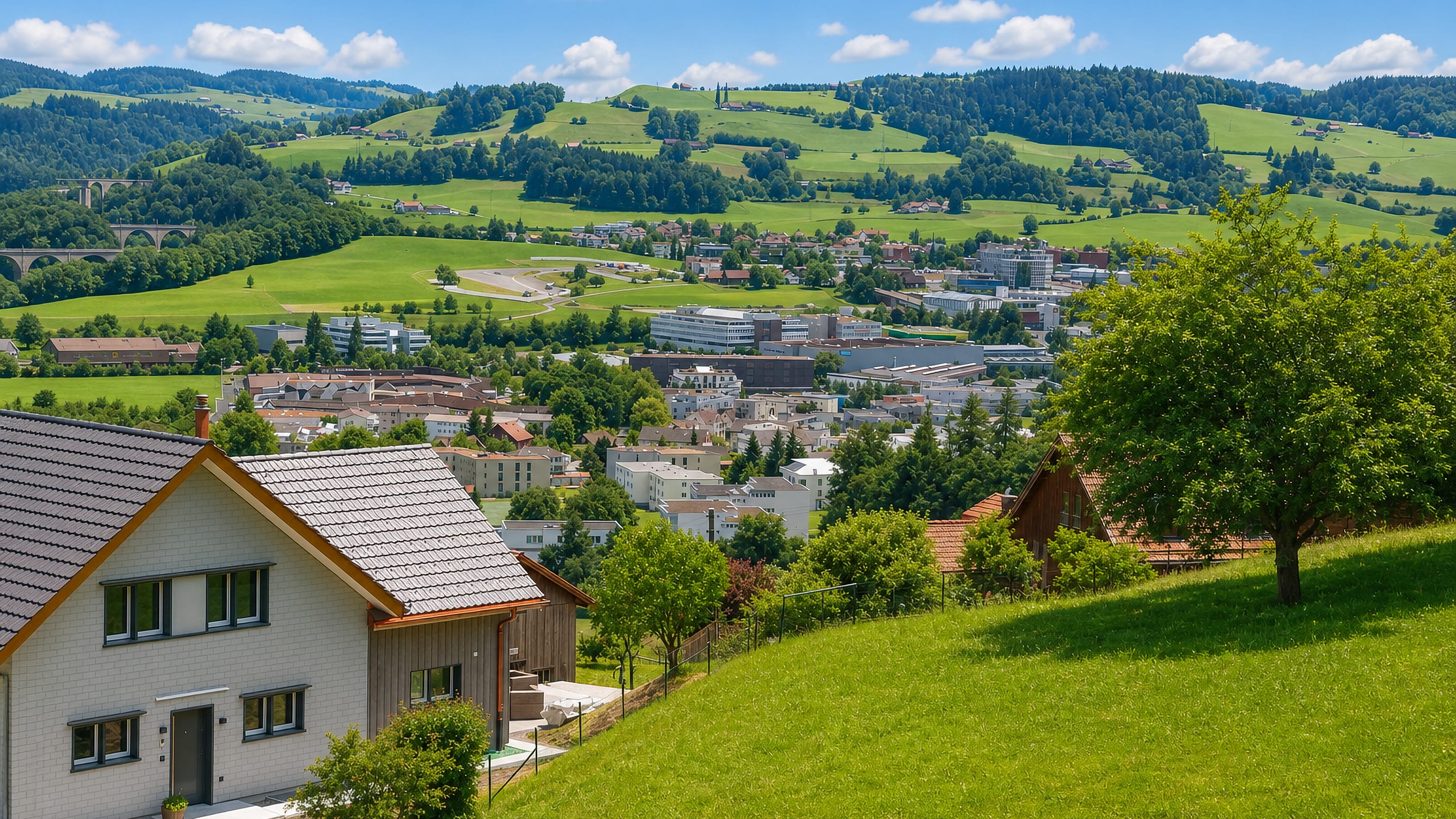 Winkeln on the western edge of St. Gallen, with hillside chalets, green Swiss hills and a rail viaduct beyond.