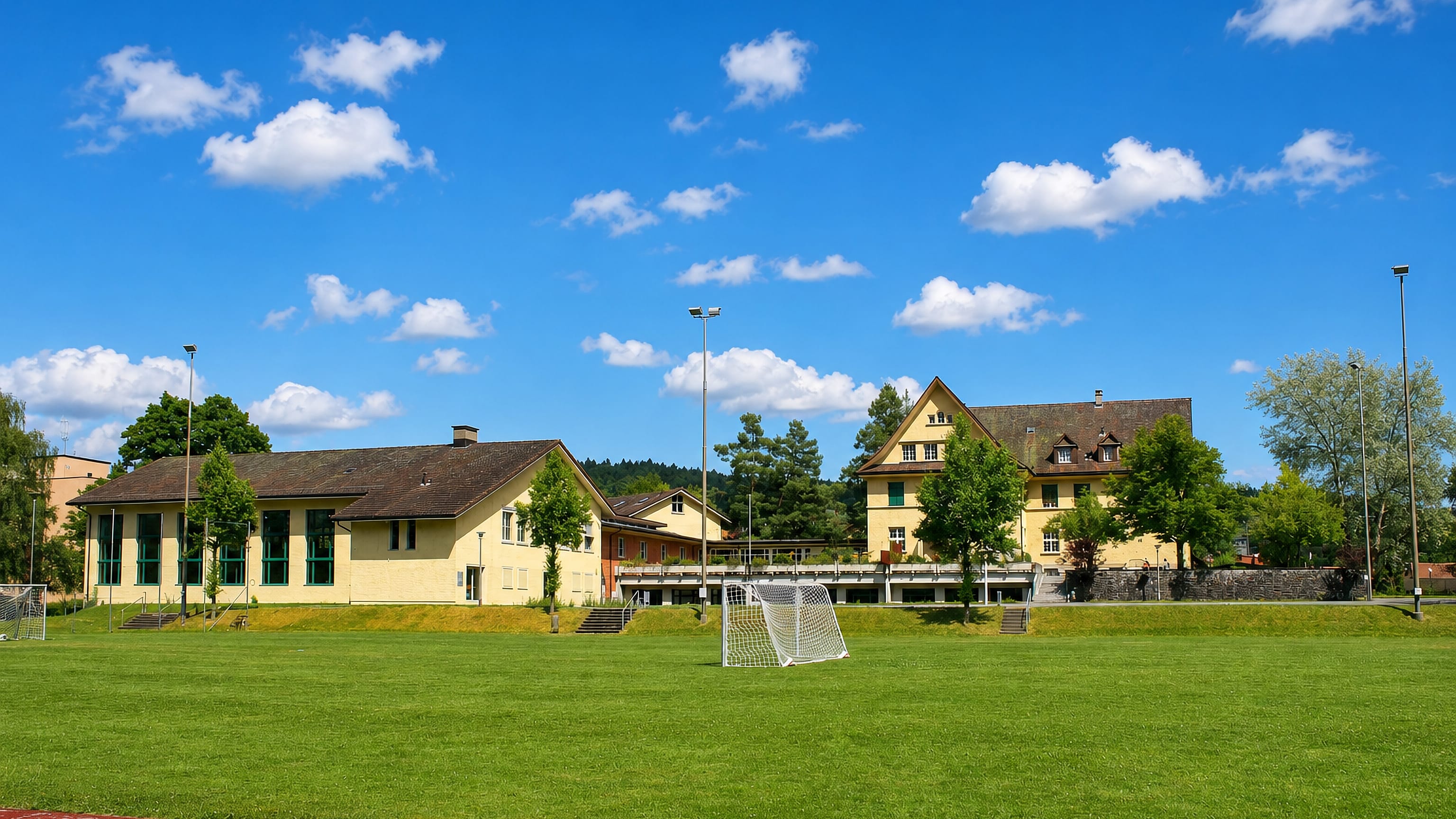 School buildings and sports field at Buelwiesen in Seen, Winterthur, under a bright summer sky.