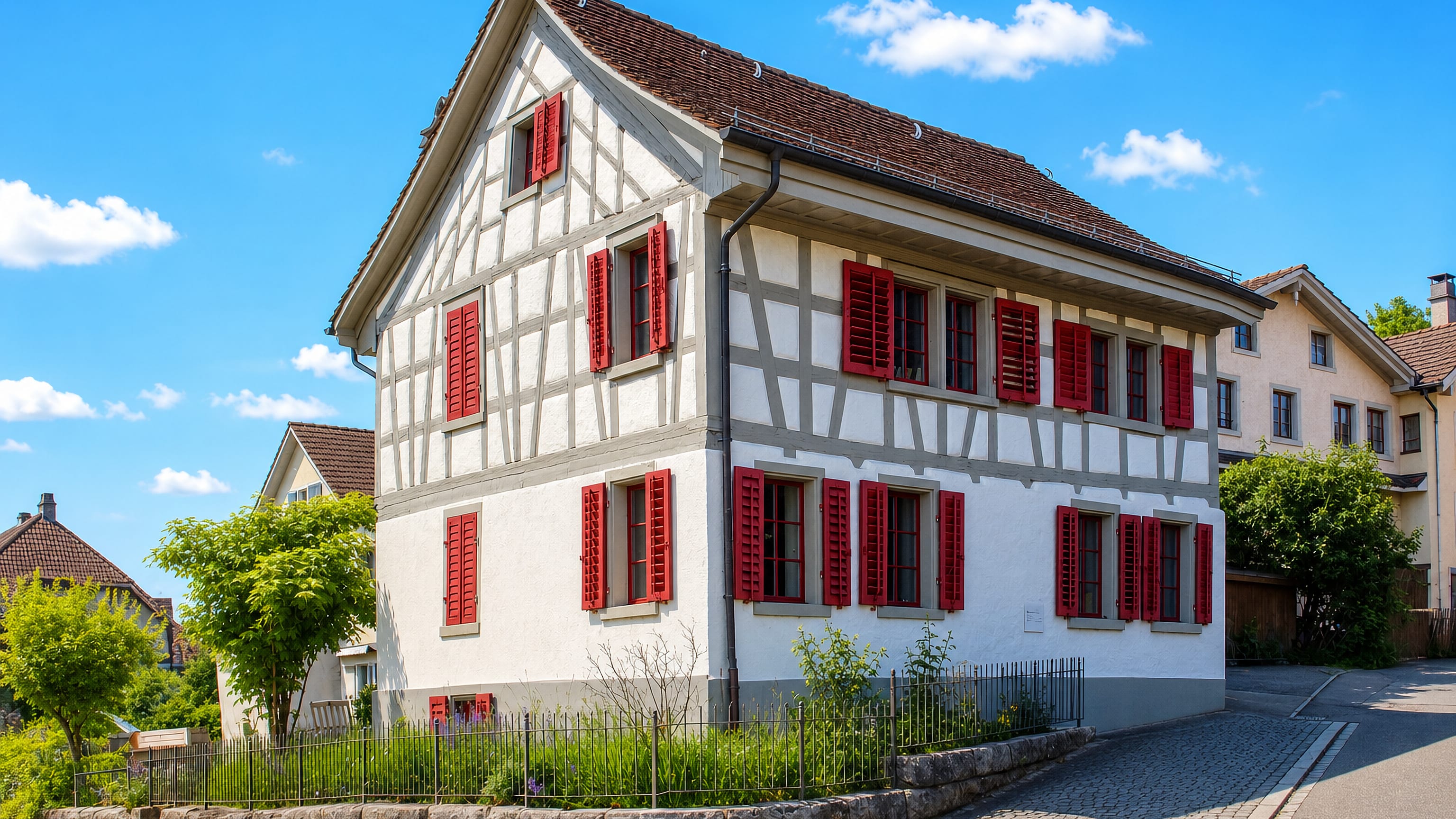Half-timbered village house with red shutters on a cobbled lane in Veltheim, Winterthur.
