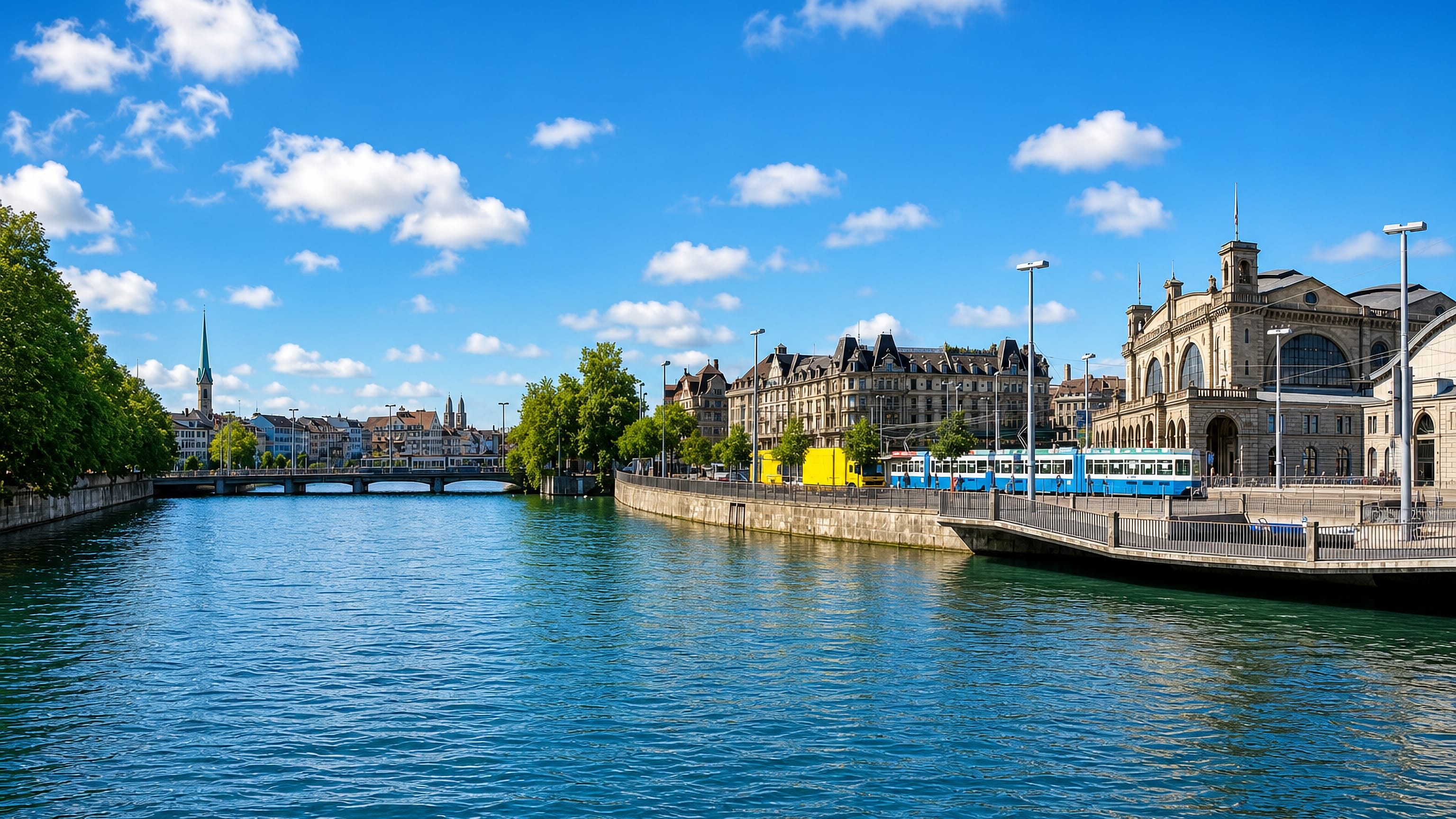 The Limmat in Zürich Kreis 1, with the main station, a blue city tram and the Fraumünster spire beyond.