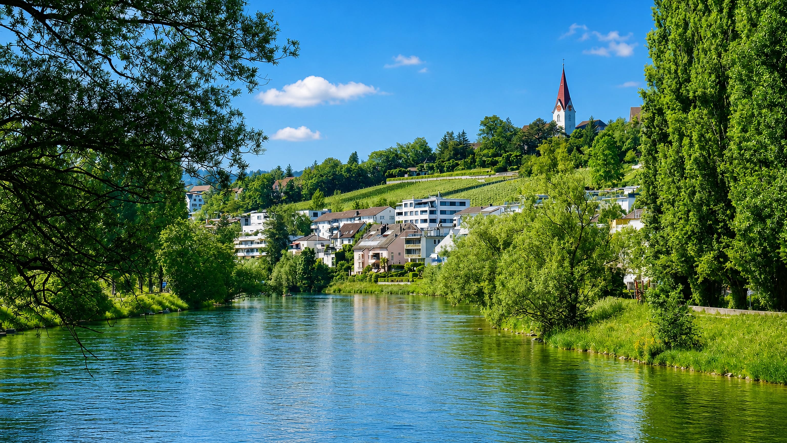 Höngg's hillside houses, vineyard slope and church spire above the Limmat in Zürich Kreis 10.
