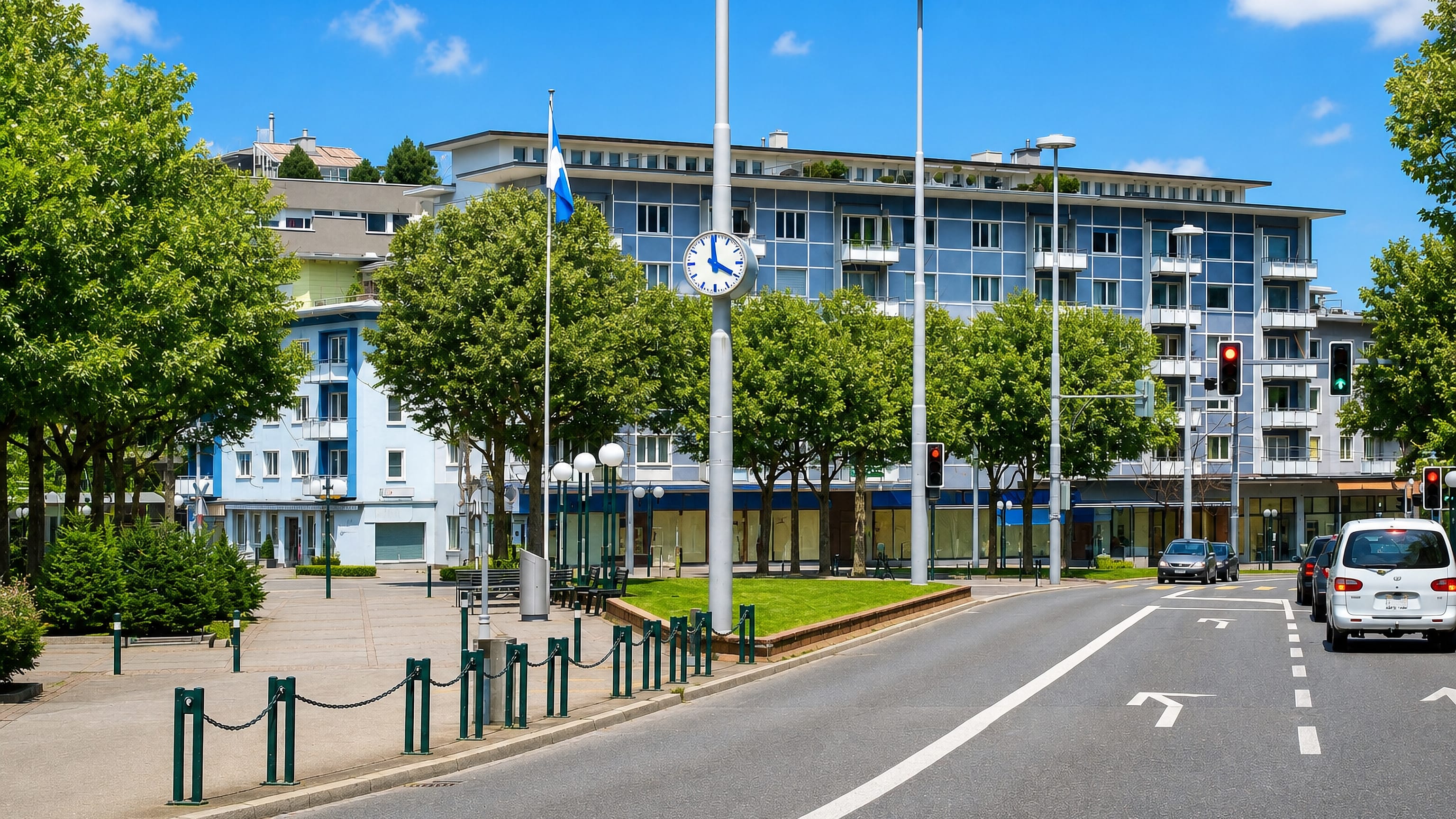 Sunlit tree-lined street in Zürich's Kreis 12 with a modern blue-glass apartment block, clock pillar and cantonal flag.