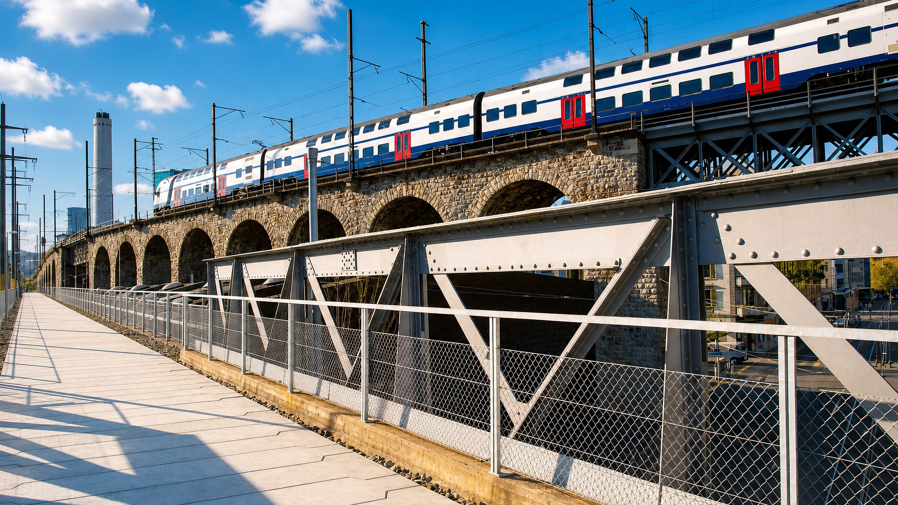 A double-decker commuter train crossing the stone arch viaduct at Zürich Kreis 5, Gewerbeschule
