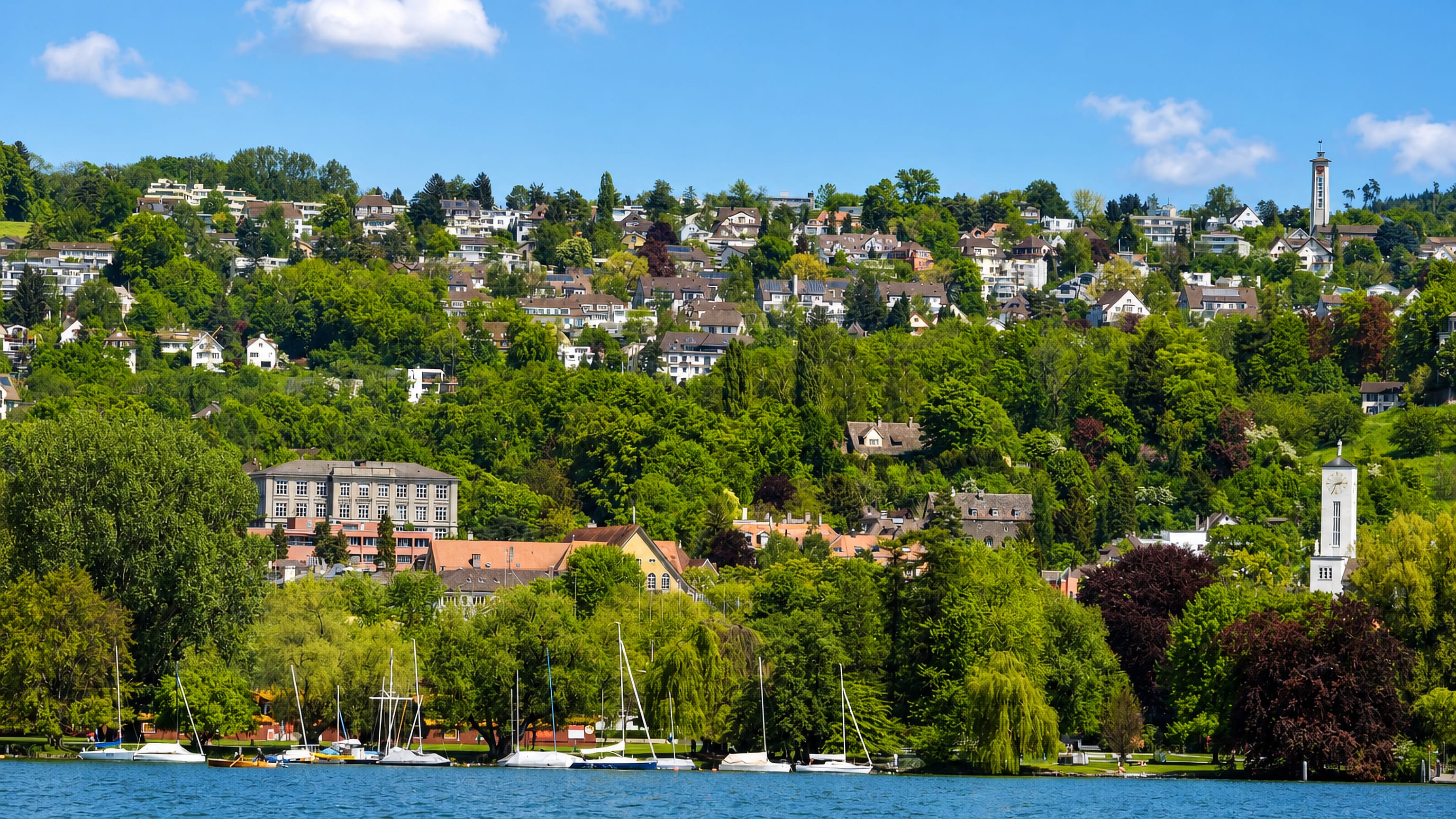 Wooded hillside of villas and church towers above Lake Zurich in Zurich's Kreis 7 / Witikon.