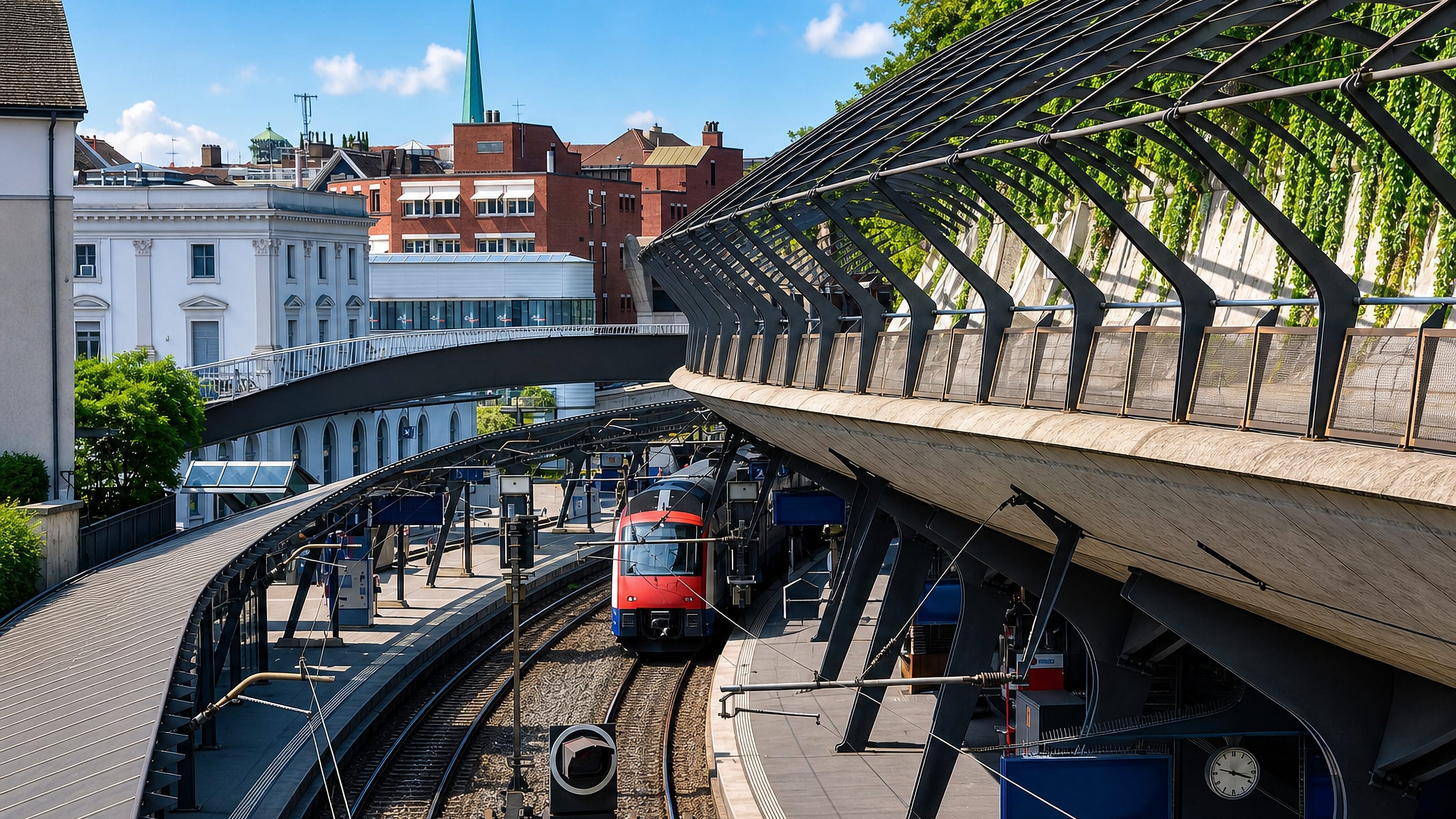 Curved platforms and steel canopy of Stadelhofen station in Zürich Kreis 8 / Mühlebach, with a red train.
