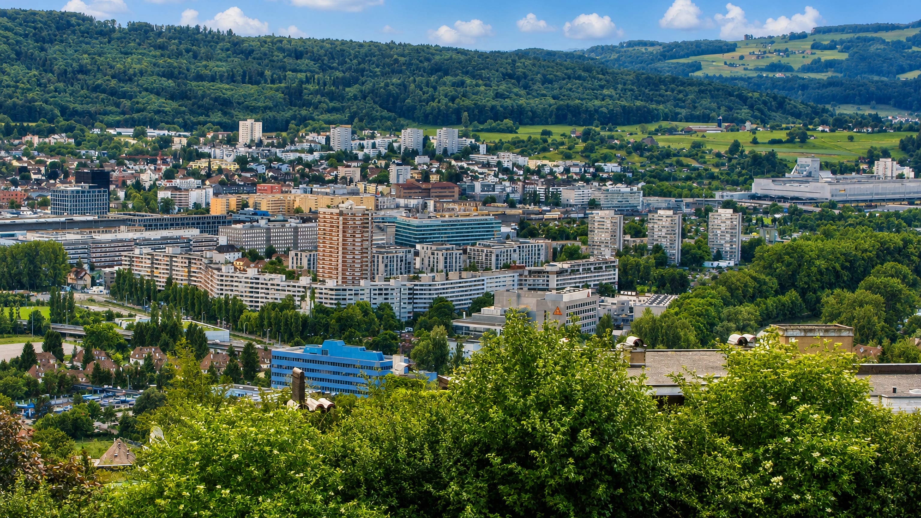 Hillside view over Altstetten in Zürich's Kreis 9, with housing blocks below wooded slopes and green farmland.