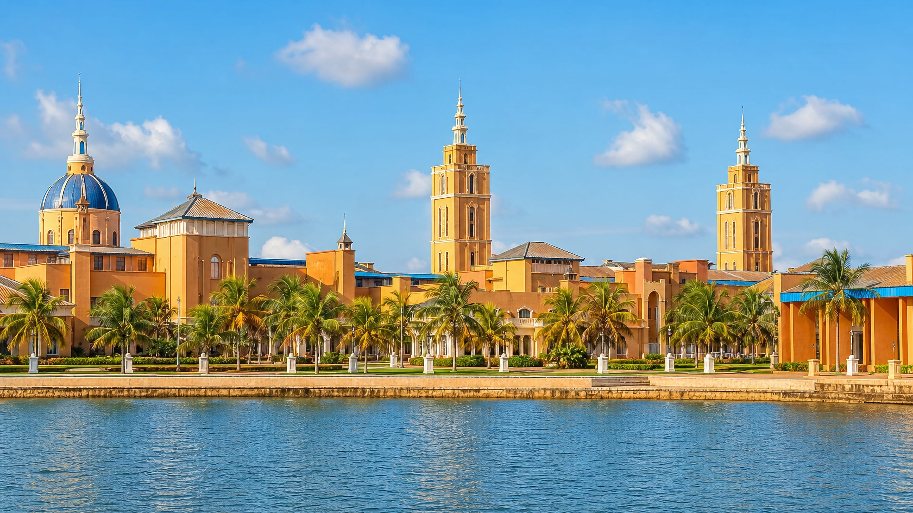 Ochre colonial-style buildings with a bell tower and dome behind palms on the waterfront at Bingerville.