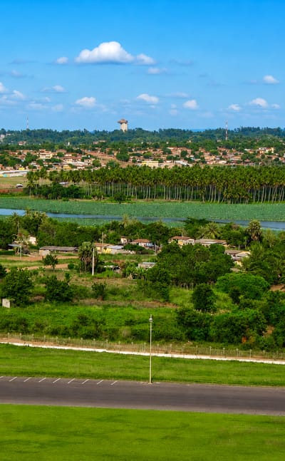 Yamoussoukro, Ivory Coast, green landscape with a lake and the distant basilica beyond palm groves.