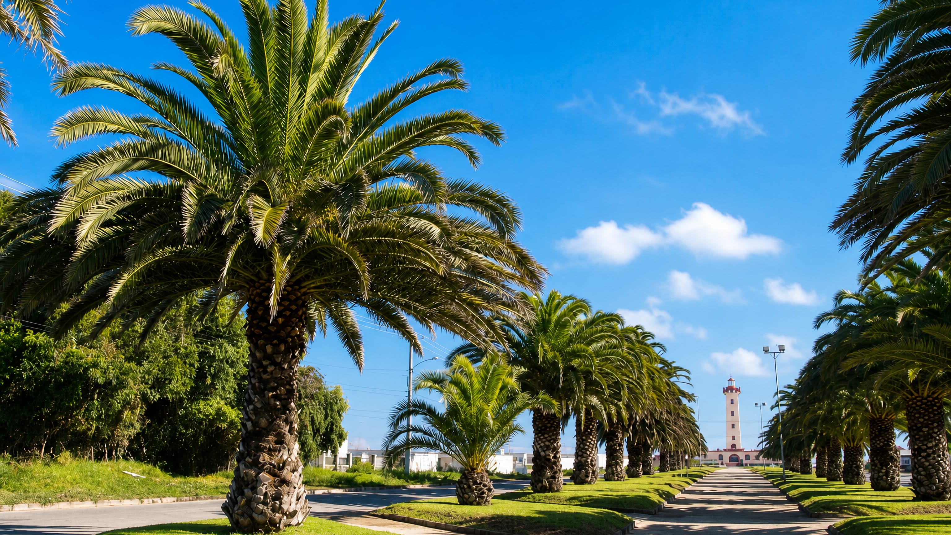 Palm-lined avenue leading to the Faro Monumental lighthouse at La Serena, Chile.