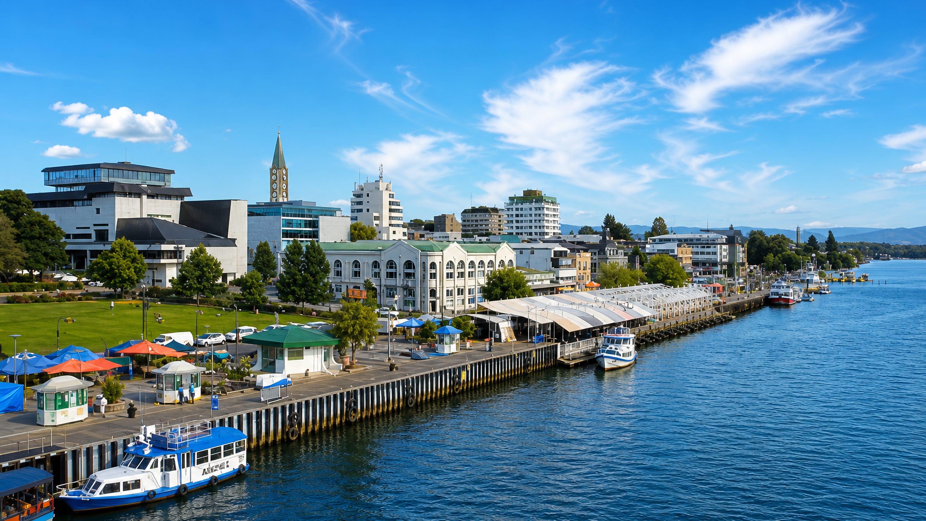 Valdivia, Chile's riverfront promenade with market stalls, moored tour boats and buildings along the water
