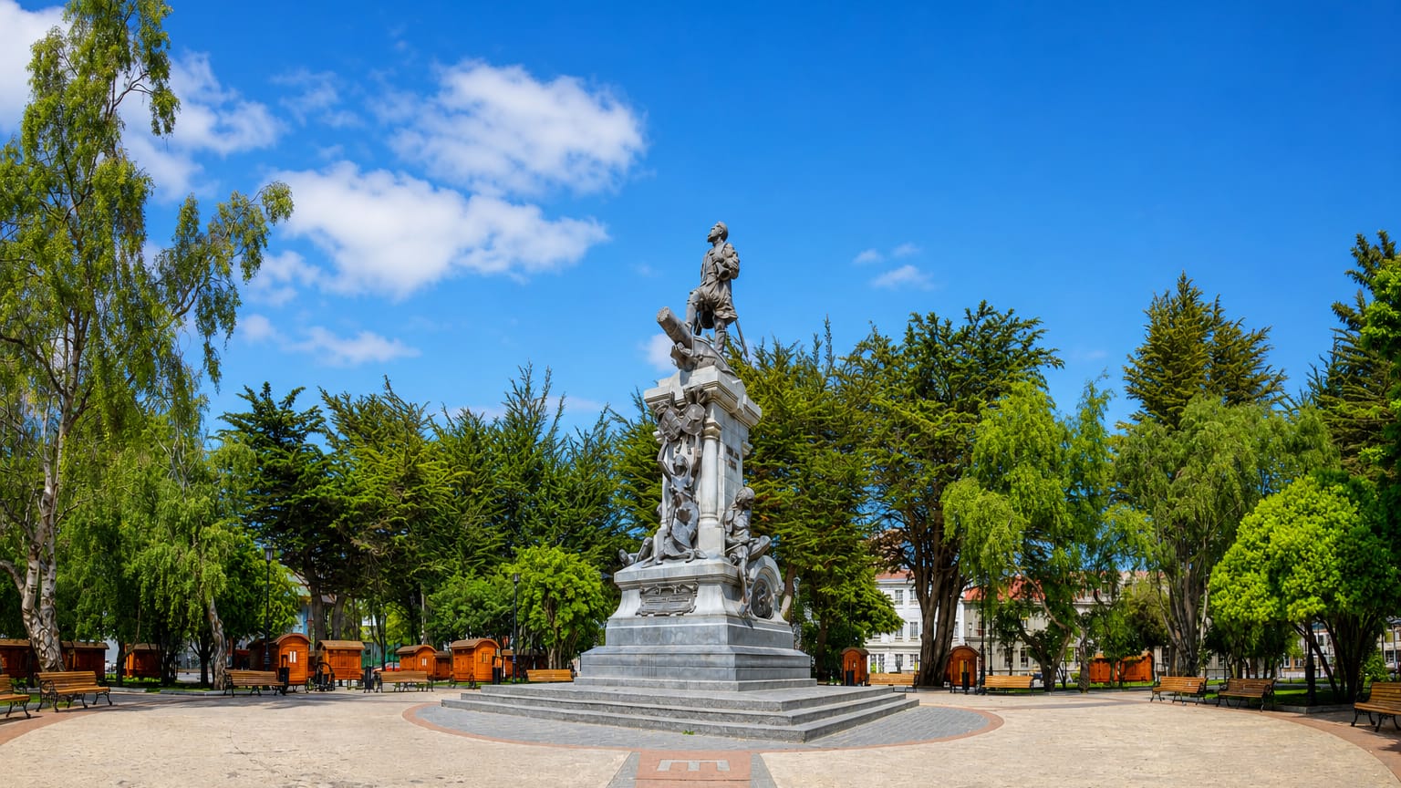 The Magellan monument in the tree-lined main plaza of Punta Arenas, Chile.