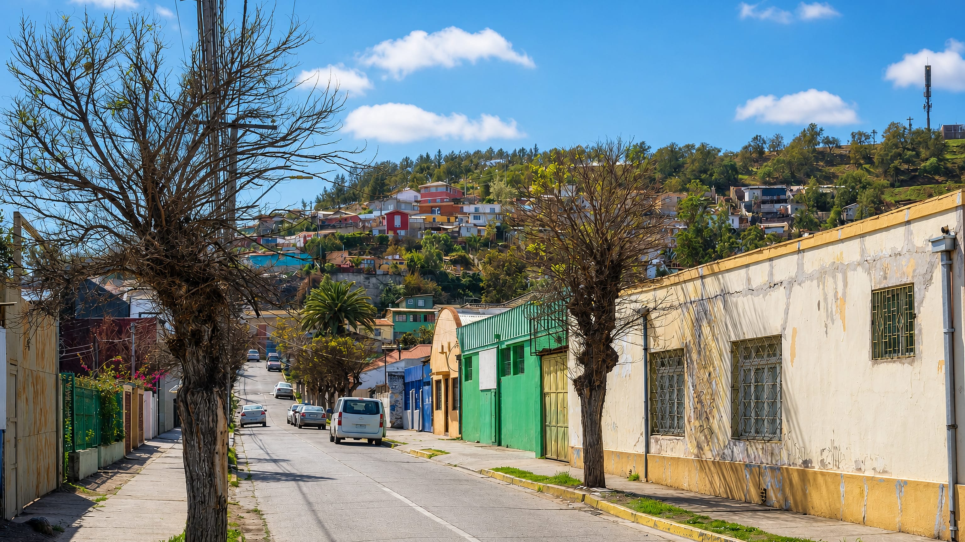 A quiet hillside street in Quillota, Chile, with painted houses climbing the slope above the Aconcagua valley.