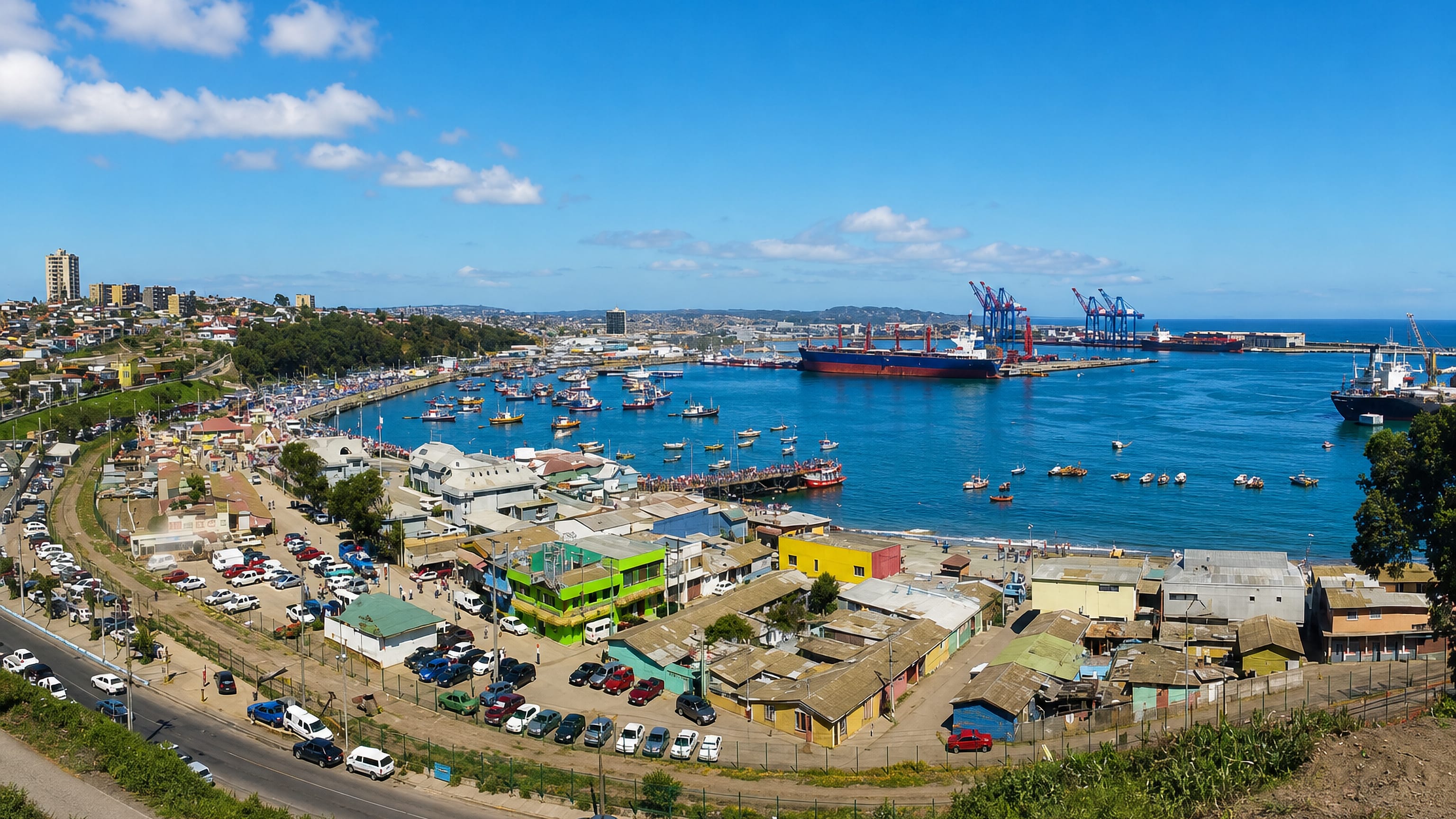 Port of San Antonio, Chile, with container cranes, cargo ships, fishing boats and hillside houses.