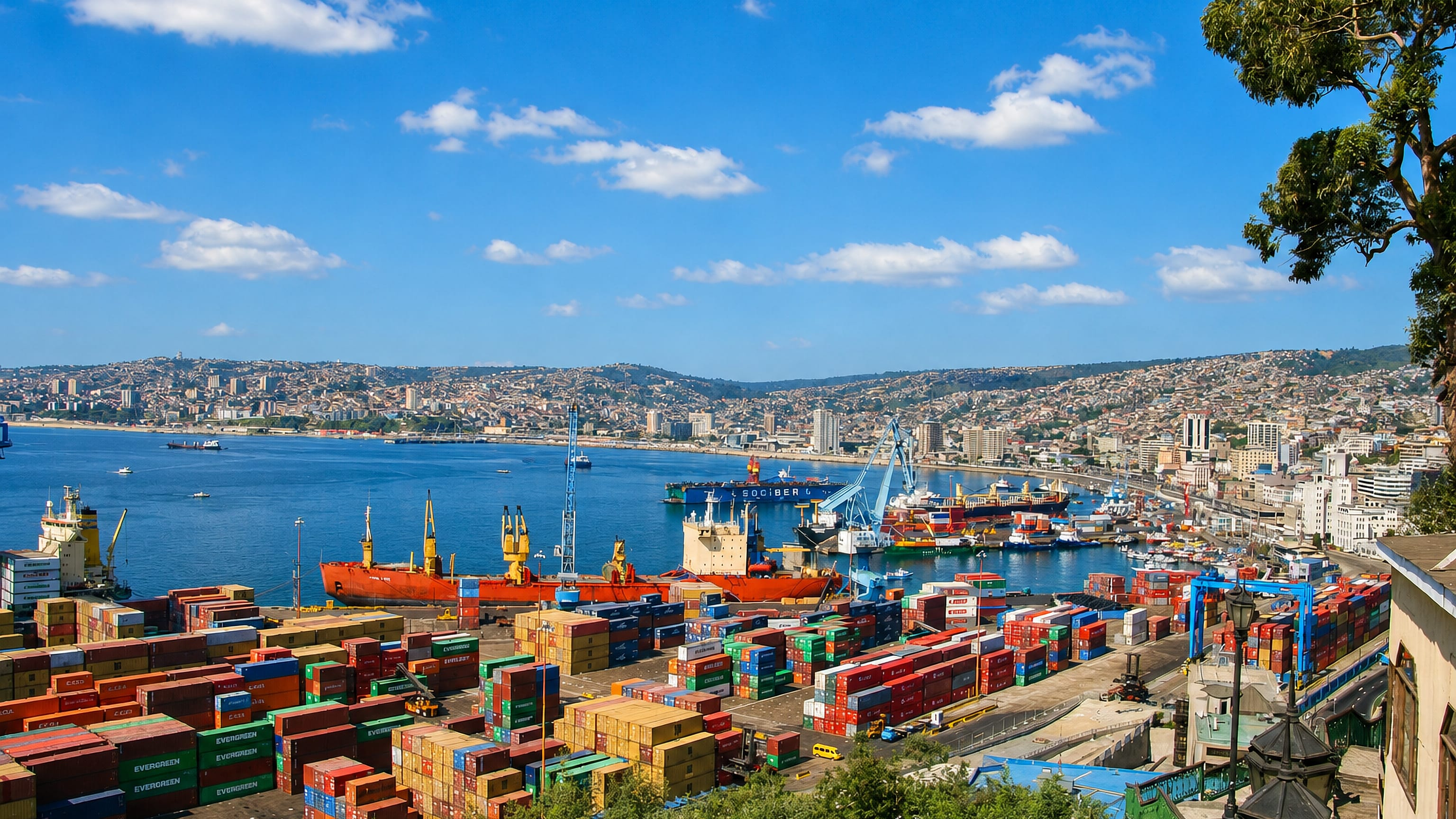 The busy container port and hillside houses ringing the bay of Valparaiso, Chile.