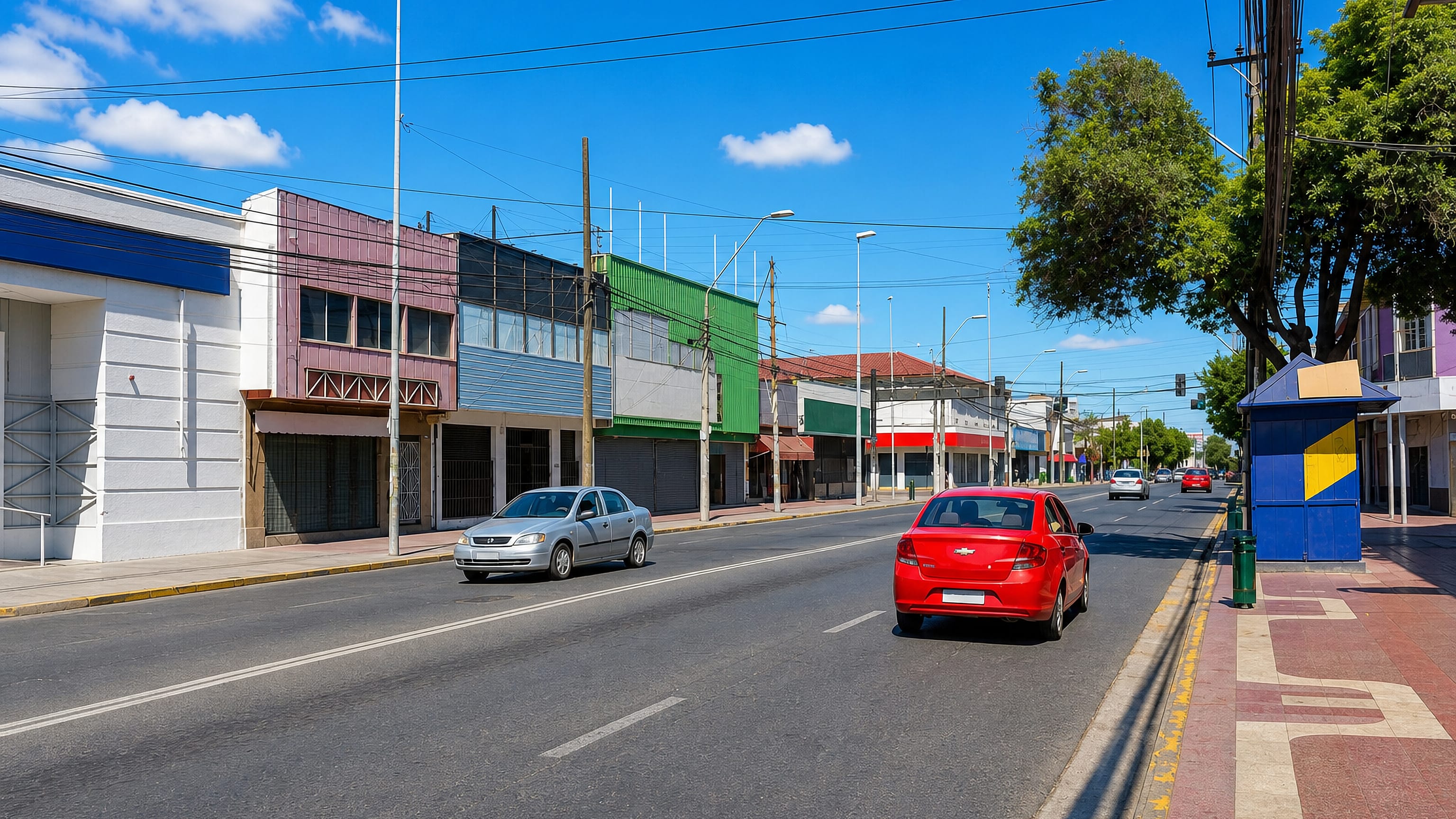 Wide main avenue with low shopfronts, a corner kiosk and light traffic in Villa Alemana, Valparaíso Region.