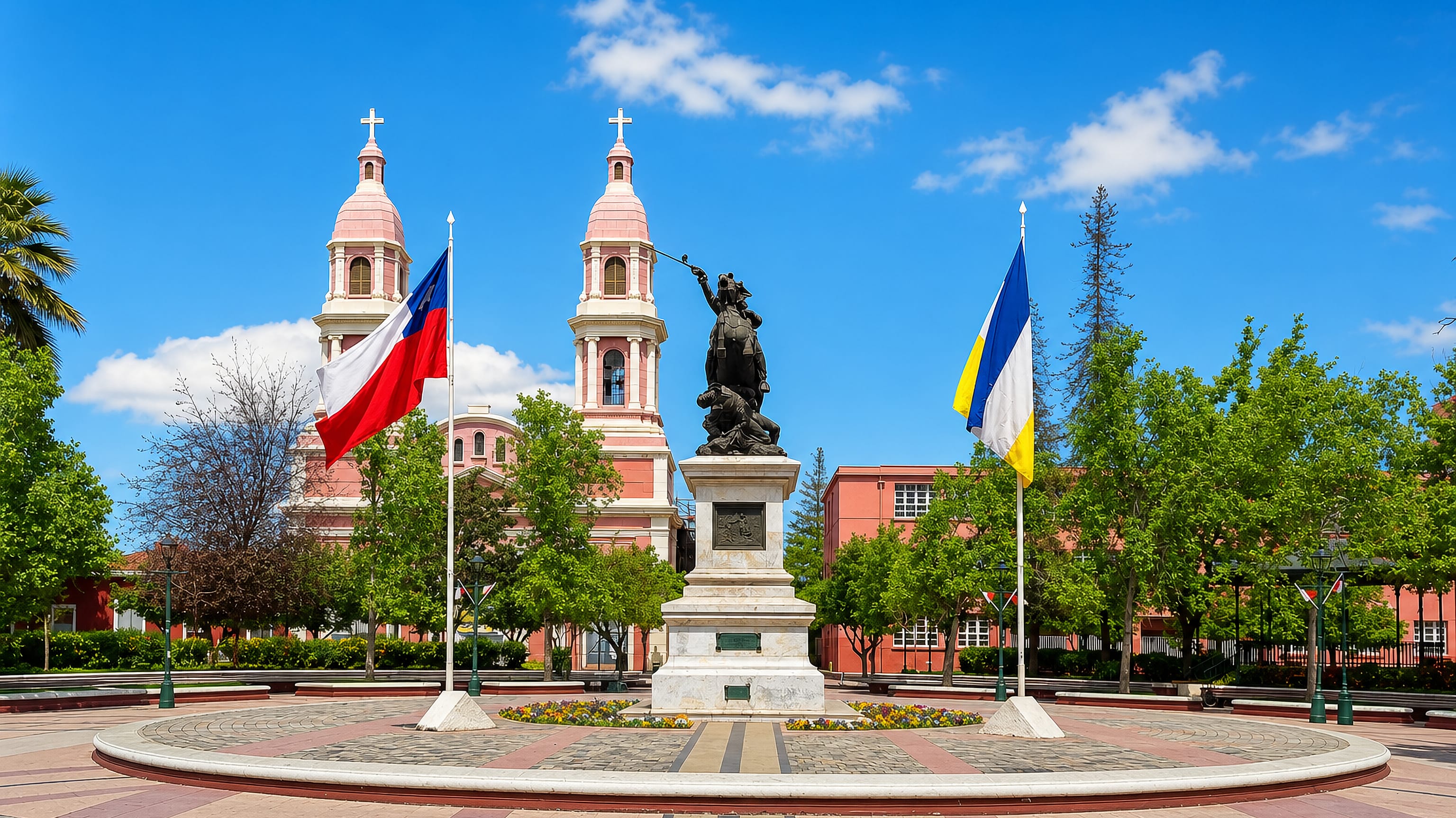 Pink twin-towered cathedral and the O'Higgins equestrian statue on Plaza de los Héroes in Rancagua, Chile.