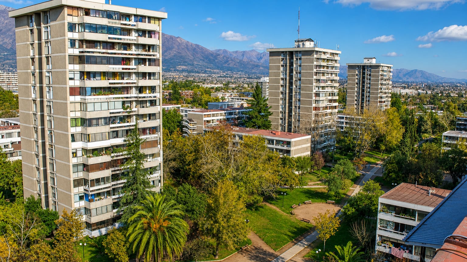 Modernist residential towers set in green parkland with the Andes rising behind, at Villa Presidente Frei in Santiago