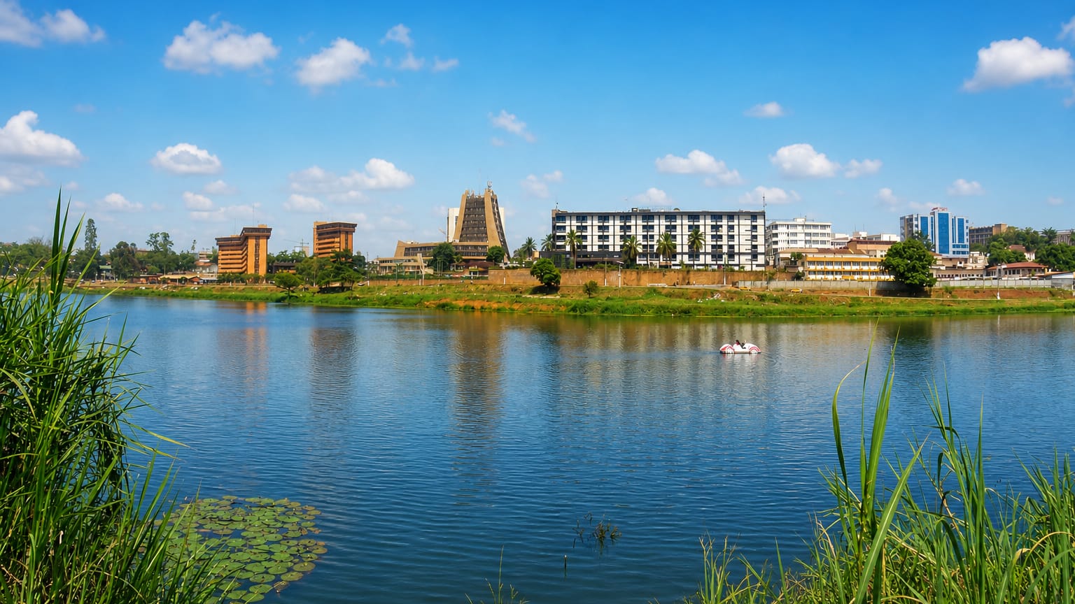 Yaounde's Municipal Lake with the city skyline and a tent-roofed landmark building rising behind green banks